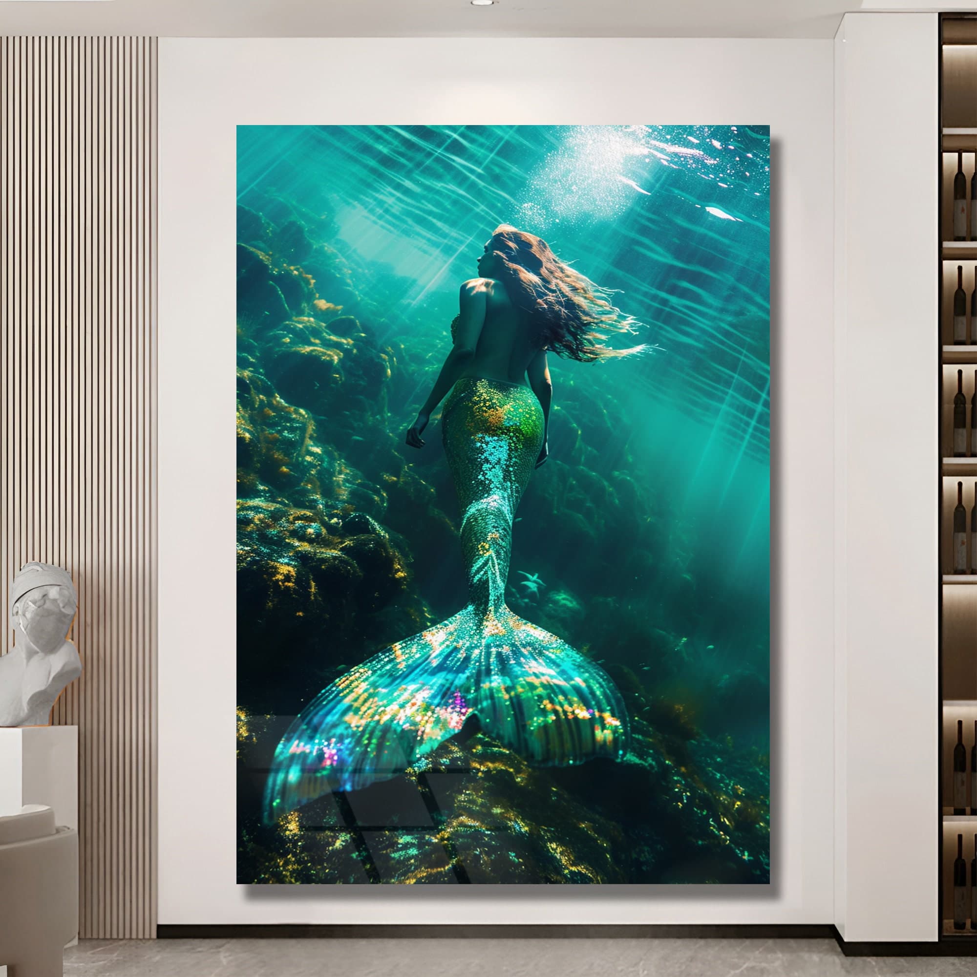 Tempered Glass Wall Art Mermaid Decor Gold framed Art Sea Glass Art Housewarming Gift Ready to Hang Trendy Wall Art Fashion Wall Art - image 4