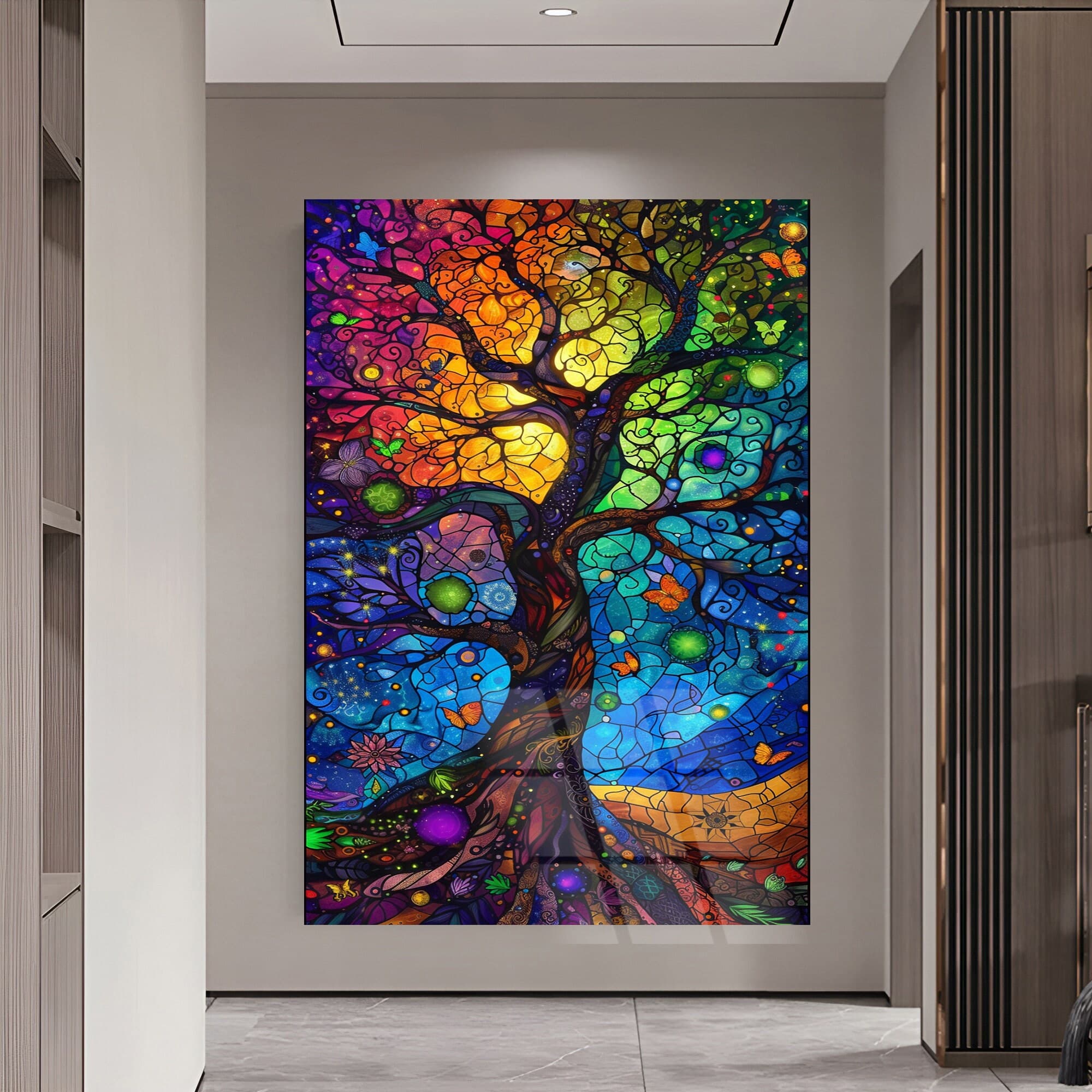 Tree of Life tempered glass art wall hangings luxury wall art home decor oversized art wall art glass stained glass art black framed art