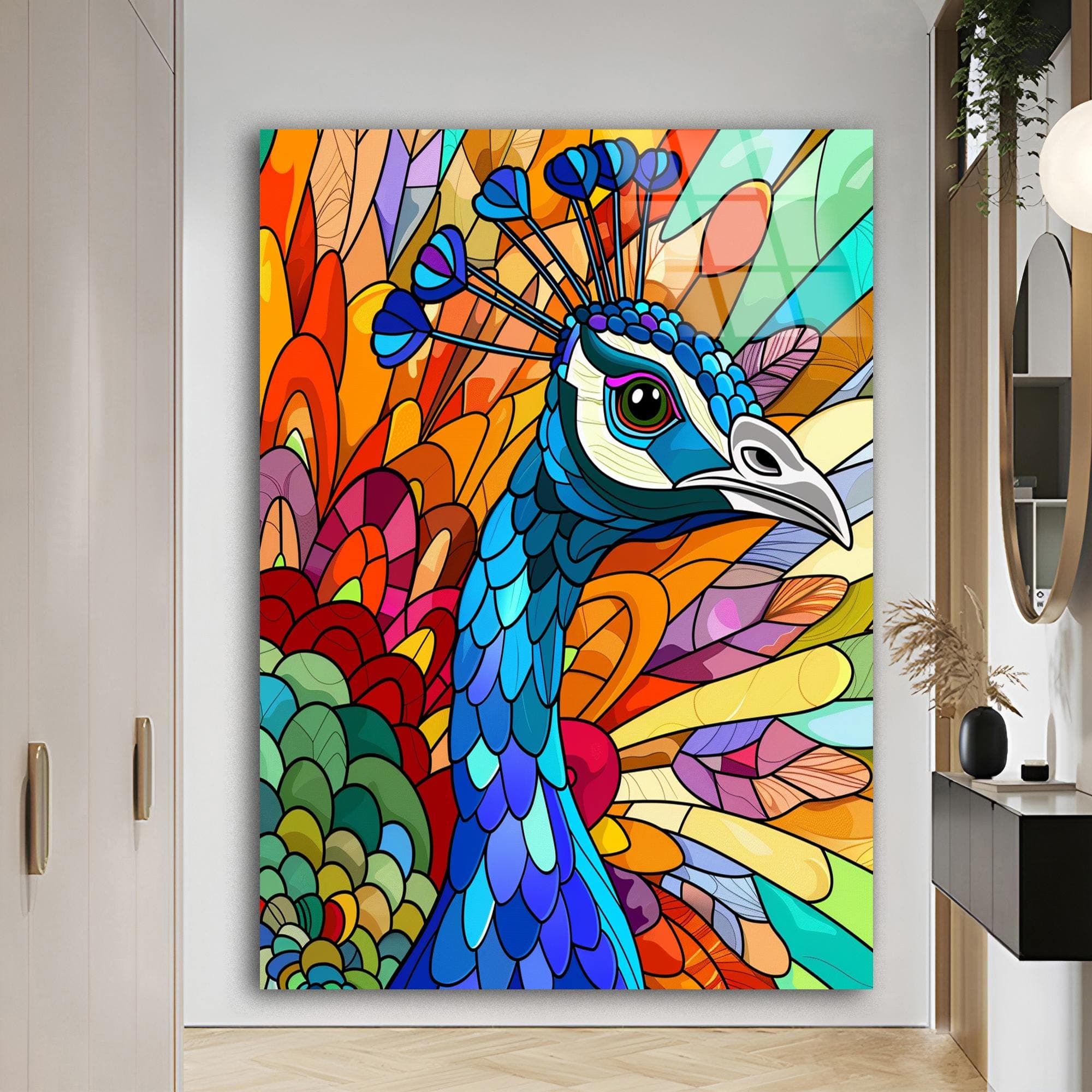 Peacock Wall Art Tempered Wall Art Framed Artwork Interior Design Vivid Color Stained Art Extra Large Wall Art Hindu Gift indian Wall Art - image 4
