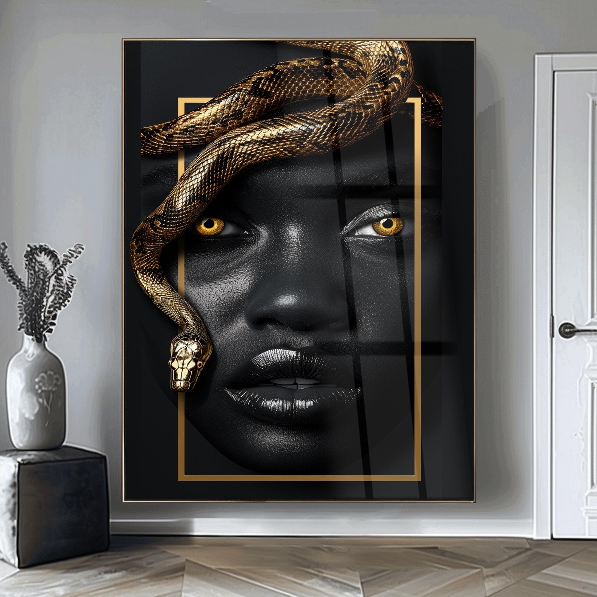 Luxury Black and Gold Glass Wall Art African Woman with Snake Modern Glass Decor Large Framed Artwork Elegant Statement Piece Unique Gift