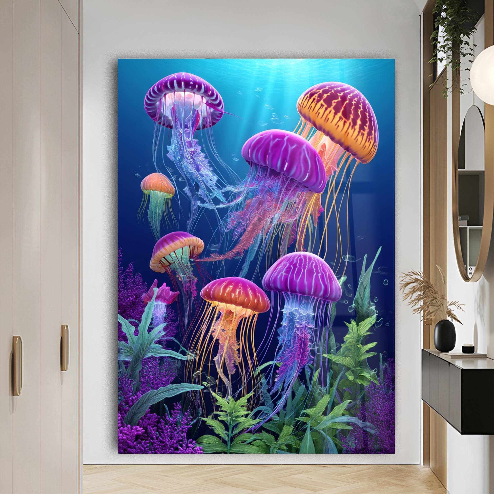 Jellyfish Wall Art Tempered Glass Print Colorful Underwater Decor Ocean Theme Artwork | Sea Life Gift Kids Room Wall Art Spa Decor - image 3