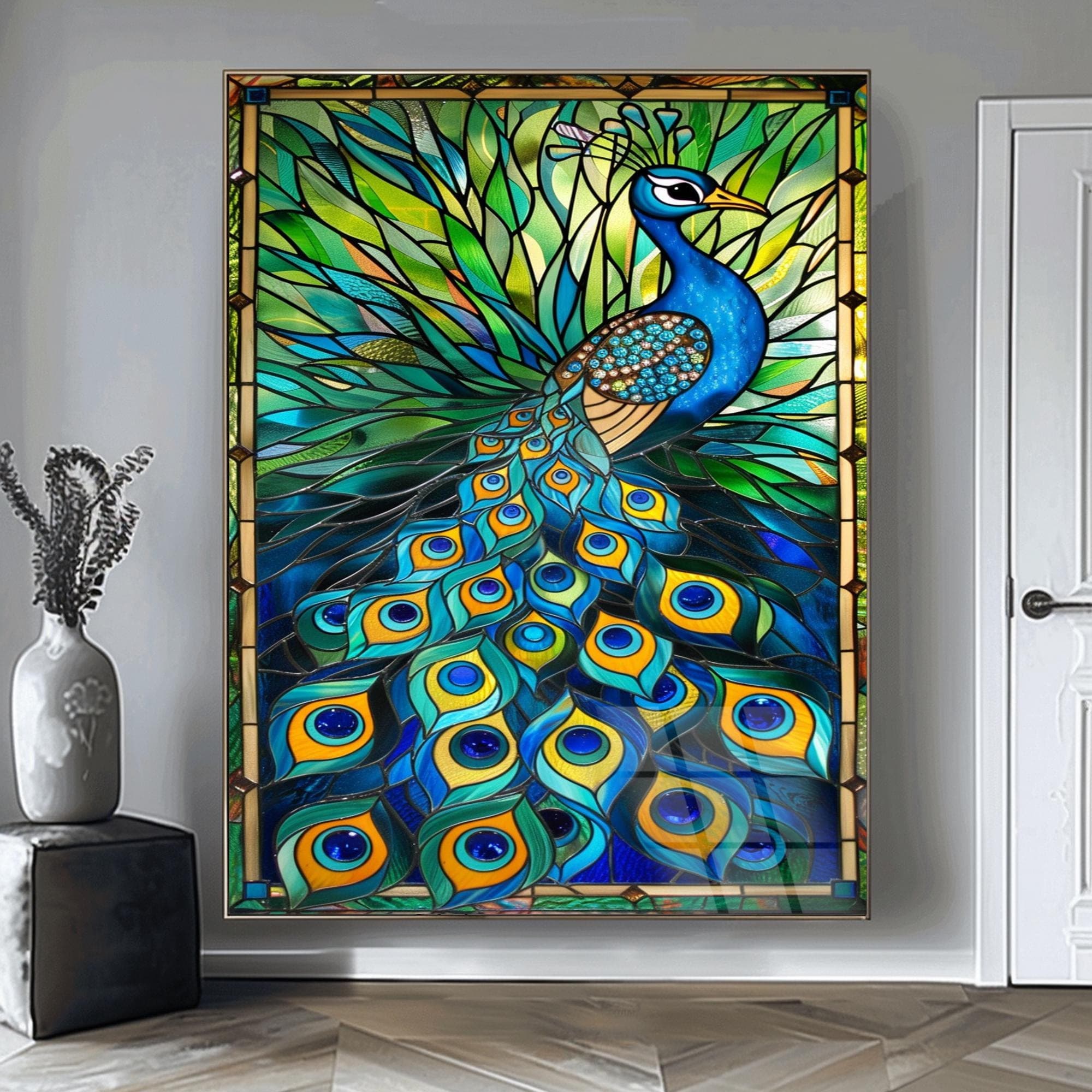 Peacock Wall Art Stained Glass Bird Extra Large Wall Art Unique Wall Decor Framed Art Interior Design indian Wall Art Hindu Gift Home Decor
