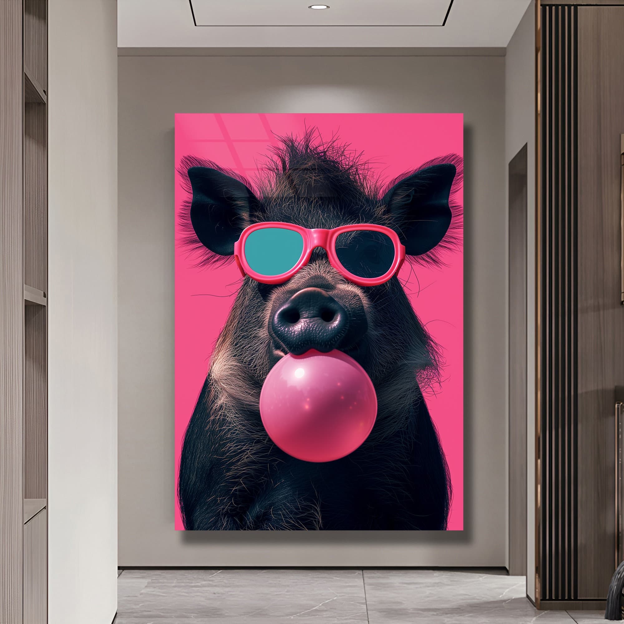 Funny Pig Tempered Glass Art, Bubblegum Animal Portrait