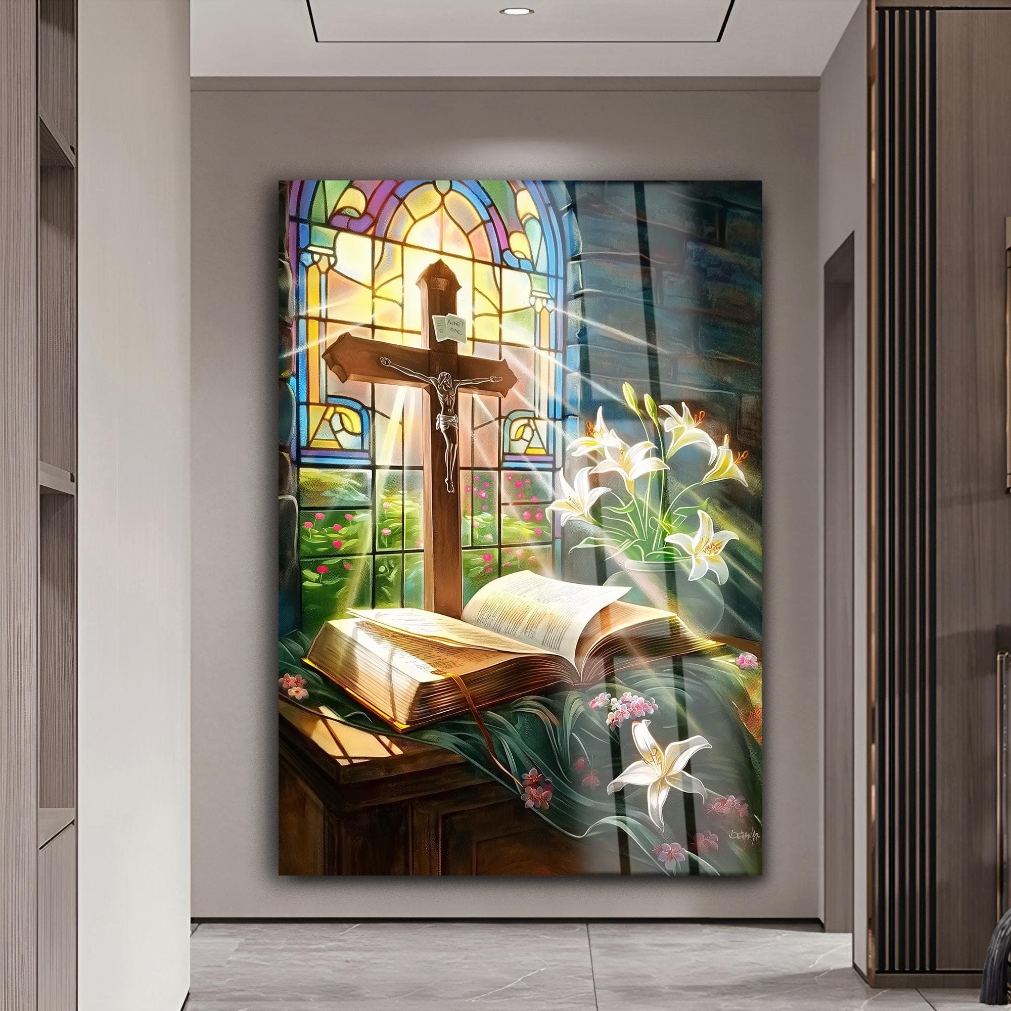Christian Wall Art, Cross and Bible Glass Print, Religious Wall Decor, Large Spiritual Artwork, Jesus Cross Decor, Church Home Art
