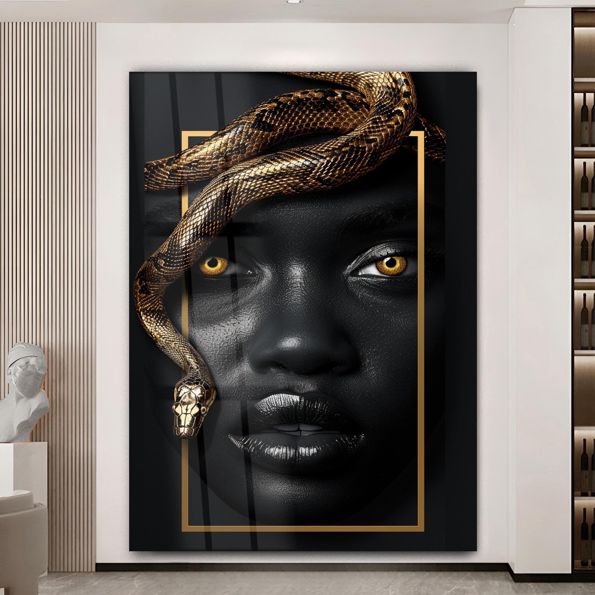 Luxury Black and Gold Glass Wall Art African Woman with Snake Modern Glass Decor Large Framed Artwork Elegant Statement Piece Unique Gift - image 5