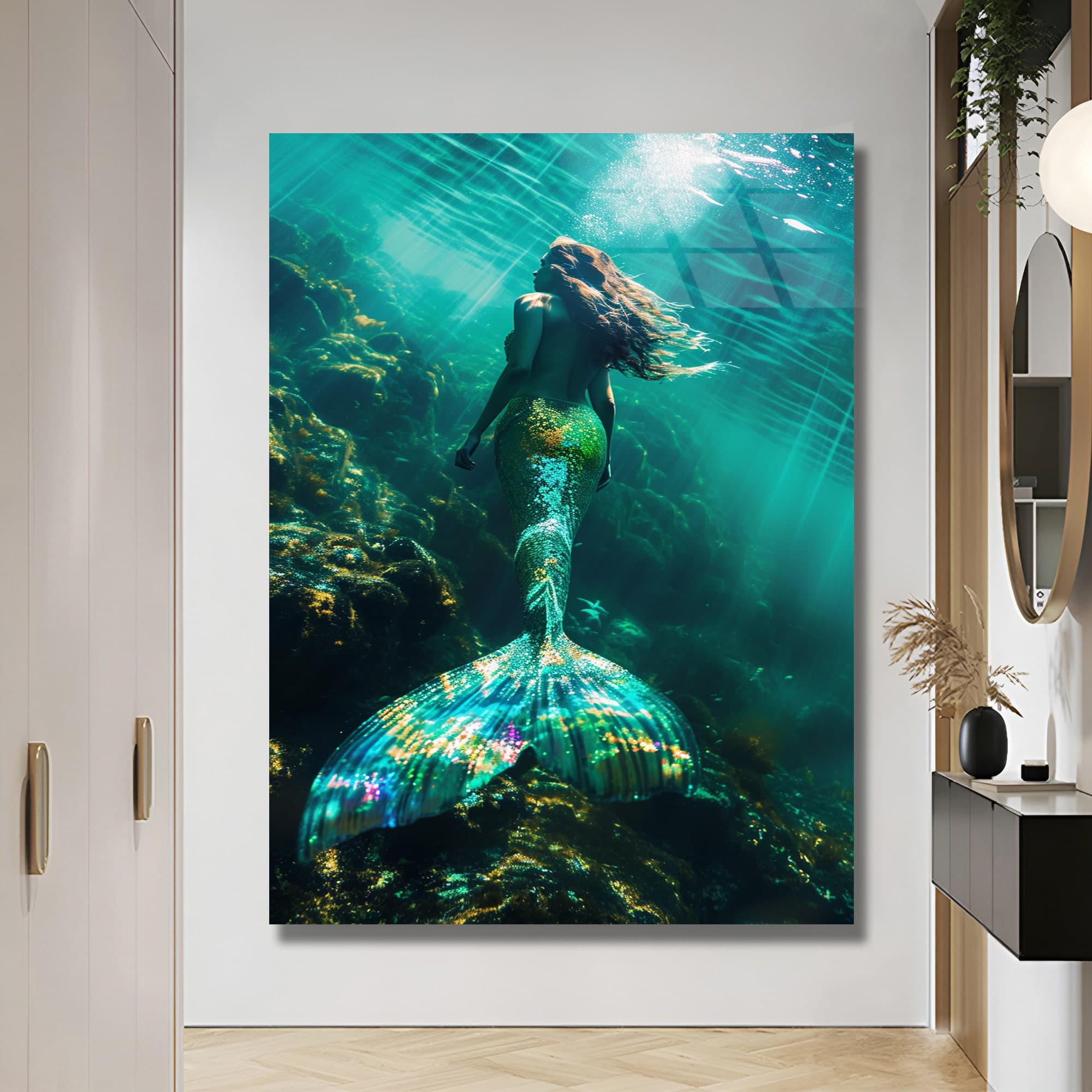 Tempered Glass Wall Art Mermaid Decor Gold framed Art Sea Glass Art Housewarming Gift Ready to Hang Trendy Wall Art Fashion Wall Art - image 3