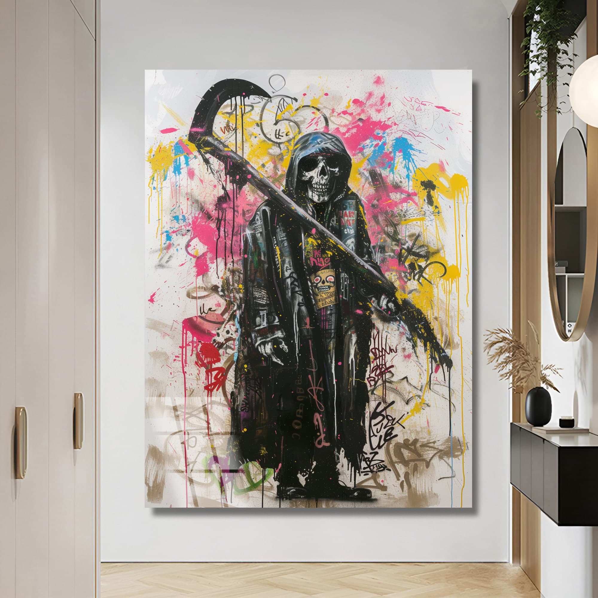 banksy artwork grim reaper wall decor graffiti wall art tempered glass wall art large wall decor wall hangings gift for home ready to hang