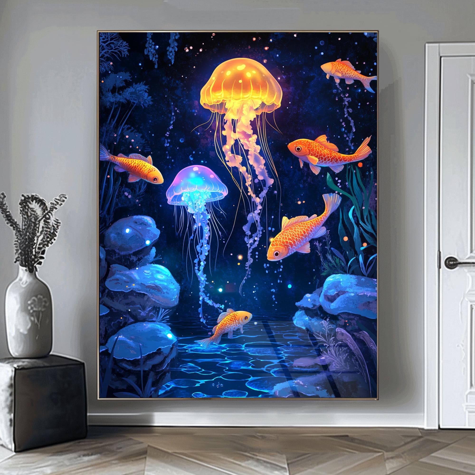 Jellyfish Wall Art Ocean Art Underwater Scene Wall Decor Aquarium Theme Modern Home Art Framed Canvas Gift Tempered Glass Wall Art - image 5