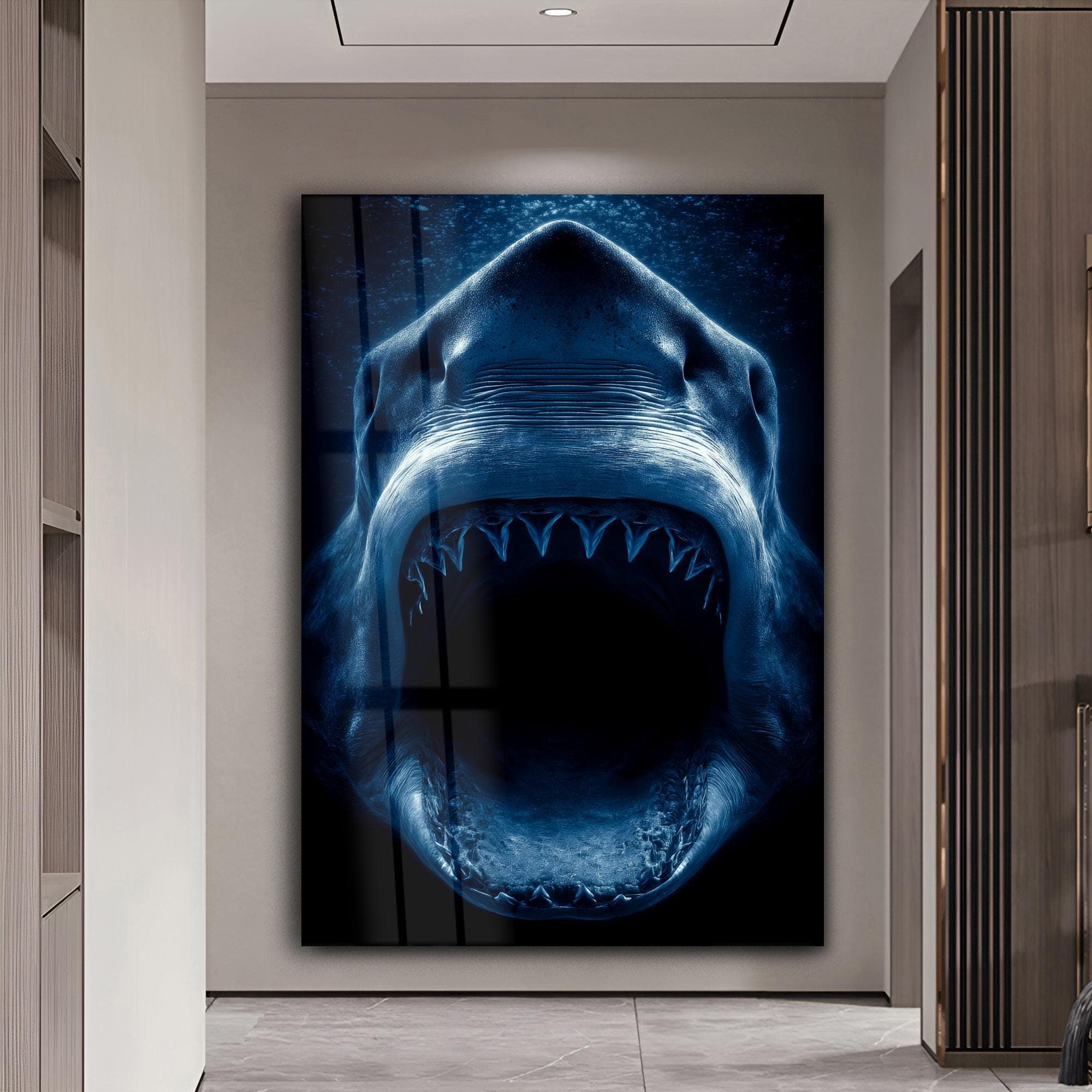 Shark Wall Art Tempered Glass Print Scary Shark Decor Ocean Predator Wall Decor Gift for Men | Man Cave Art Bold Wall Artwork Office Design