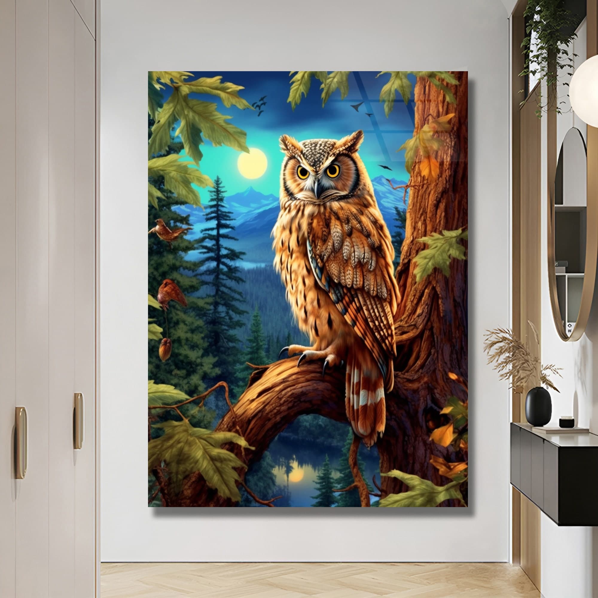Owl Wall Art, Garden Glass Art, Botanical Glass Art, Jungle Themed Art, Bird Glass Art, Extra Large Wall Art, Wall Hanging, Garage Wall Art - image 3