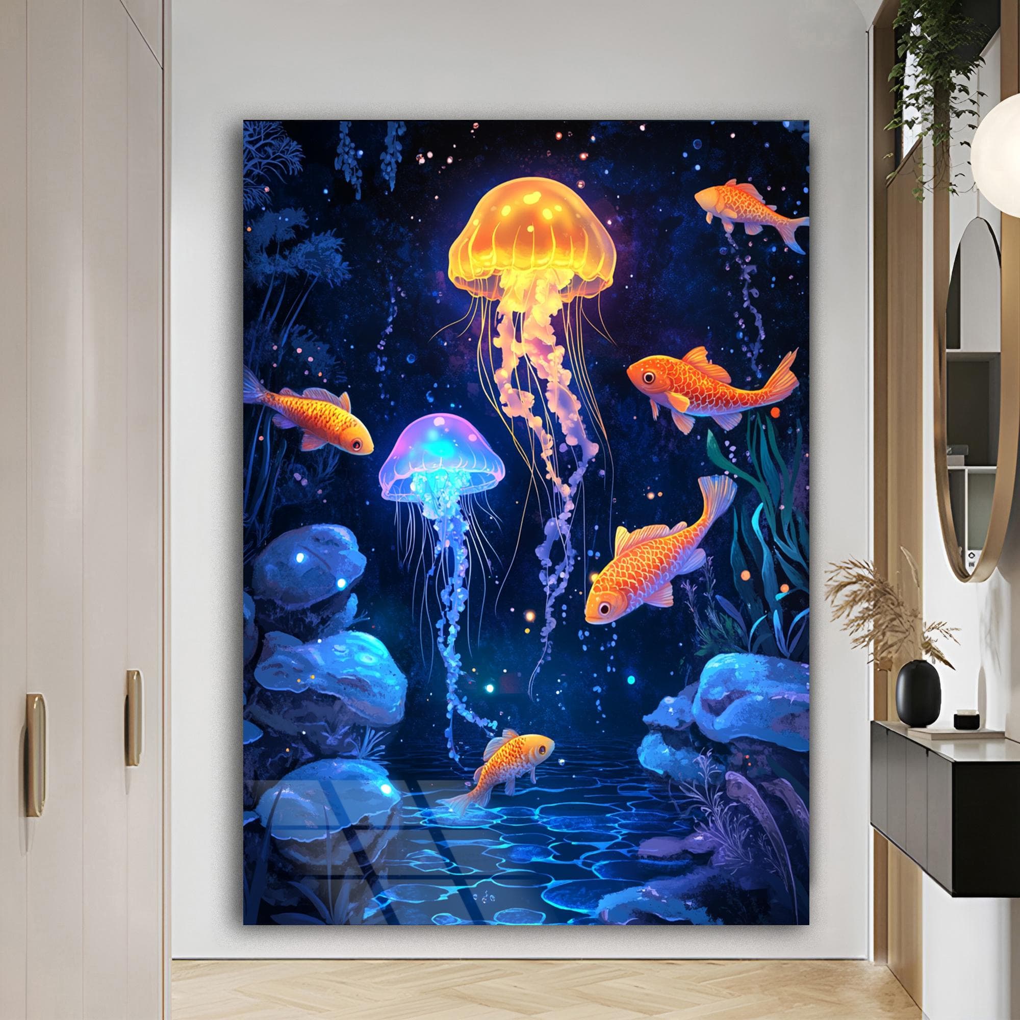 Jellyfish Wall Art Ocean Art Underwater Scene Wall Decor Aquarium Theme Modern Home Art Framed Canvas Gift Tempered Glass Wall Art - image 3