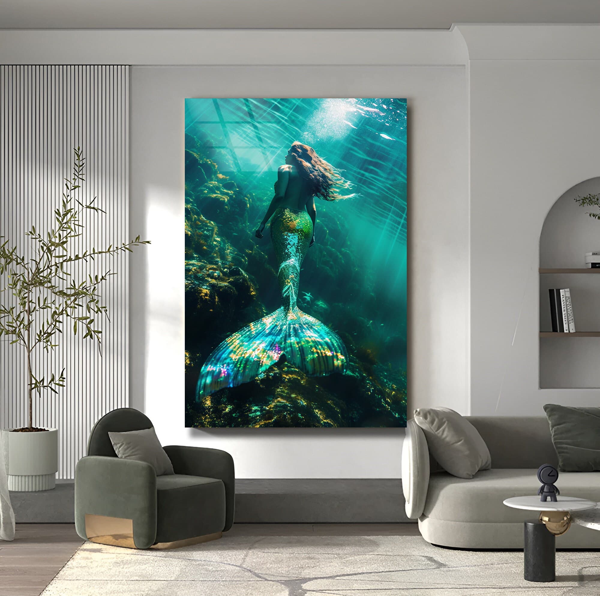 Tempered Glass Wall Art Mermaid Decor Gold framed Art Sea Glass Art Housewarming Gift Ready to Hang Trendy Wall Art Fashion Wall Art - image 5