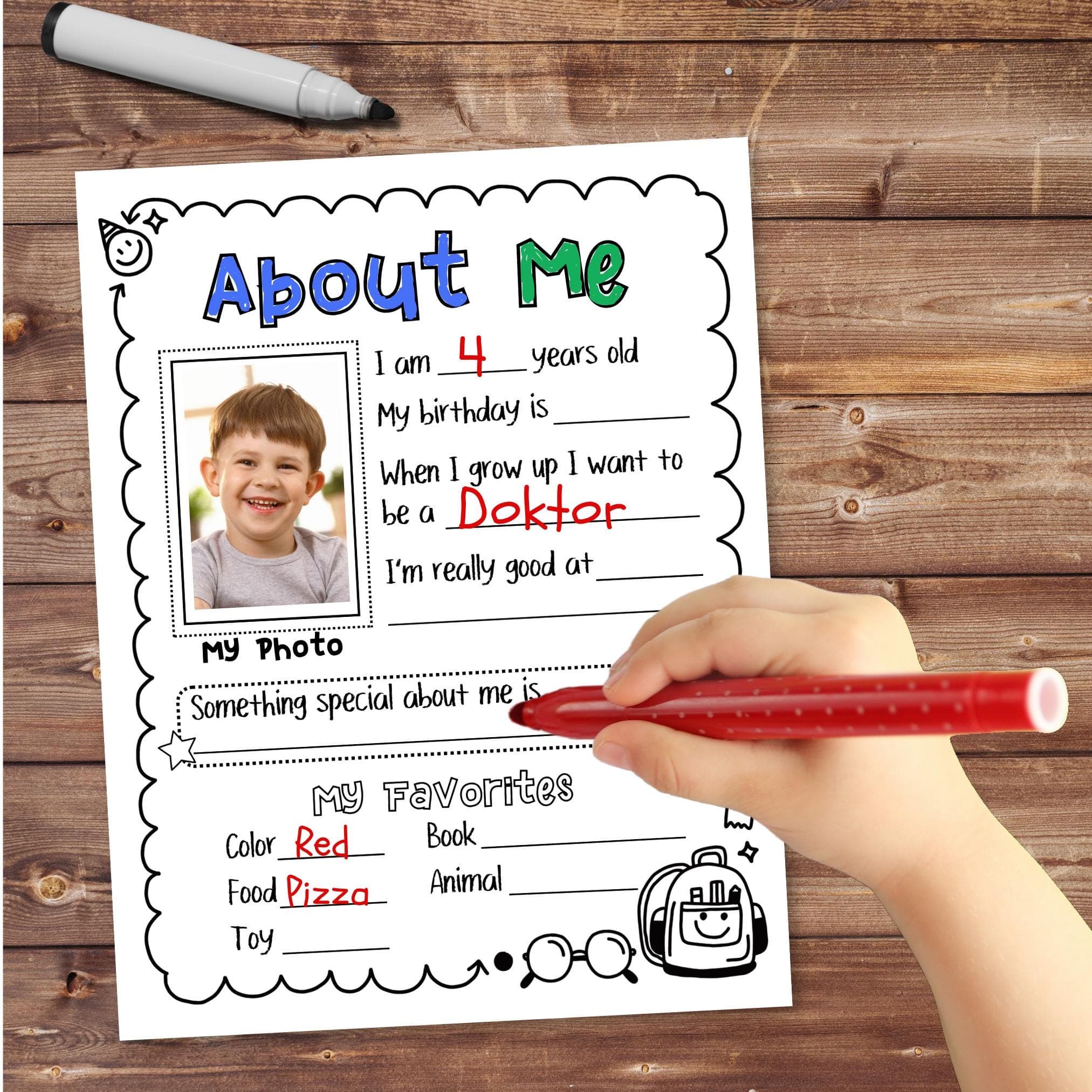 About me school printable completed example kids memory book page student writing activity school keepsake printable.