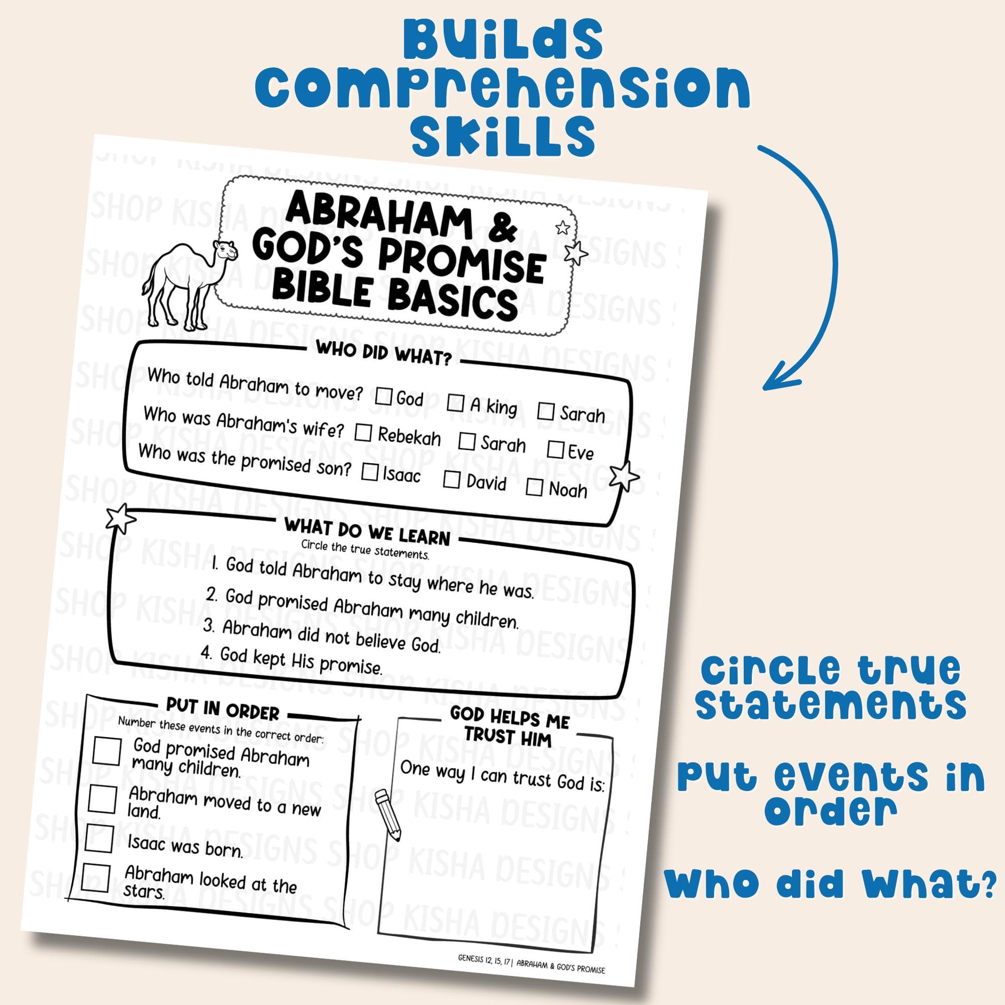 Abraham and Gods Promise Bible comprehension worksheet, Genesis Bible lesson kids printable for Sunday school church lesson and homeschool activity.