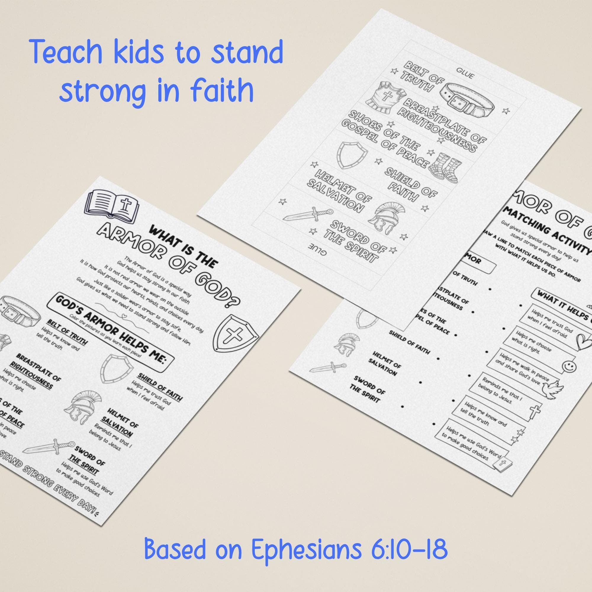 Armor of God printable kids Bible activity pack craft worksheet coloring Christian learning activity Ephesians 6 Sunday school resource.