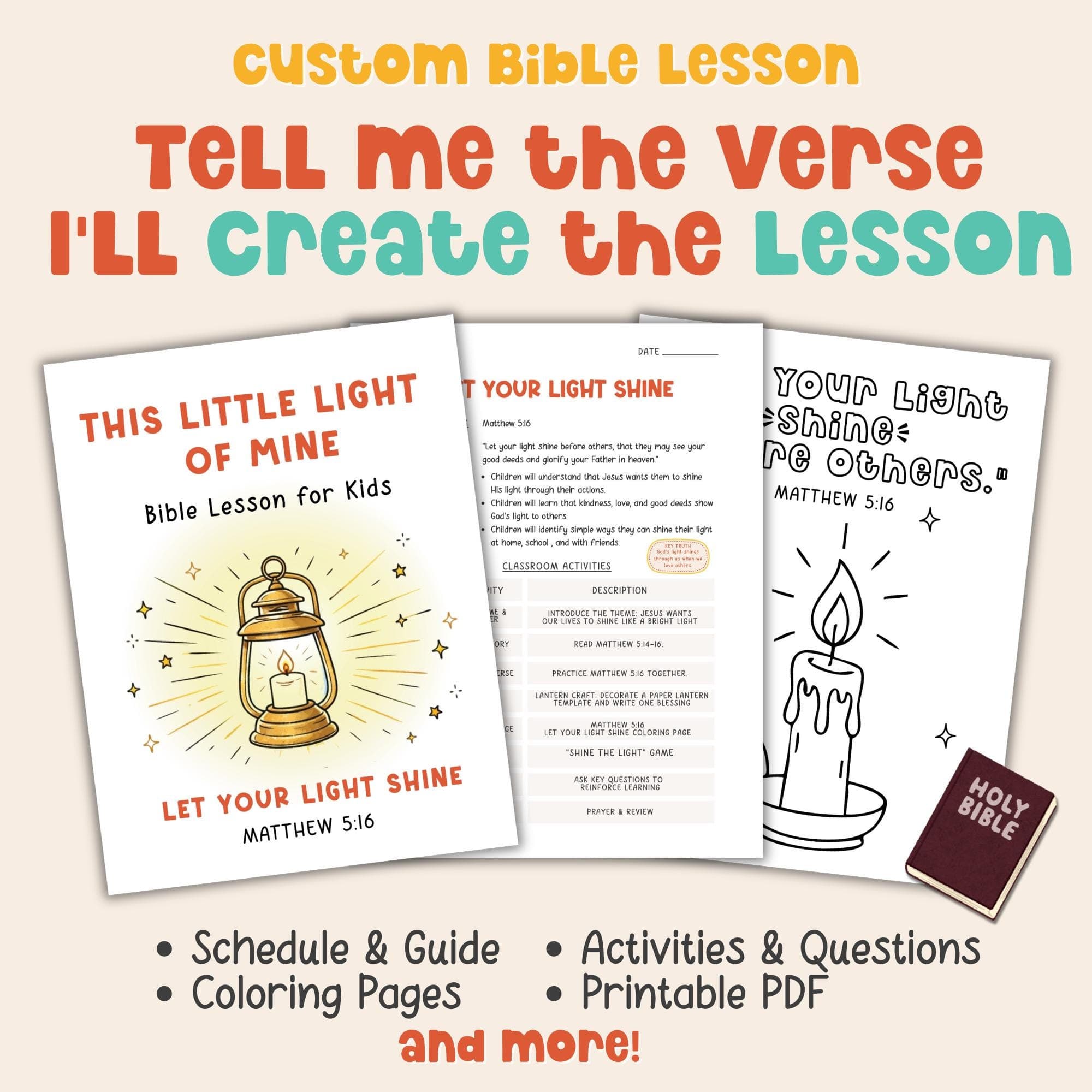 Custom Bible Lesson for Kids | Sunday School Lesson Plan | VBS Lesson | Homeschool Bible Activity | Teacher Resource | Bible Coloring Craft