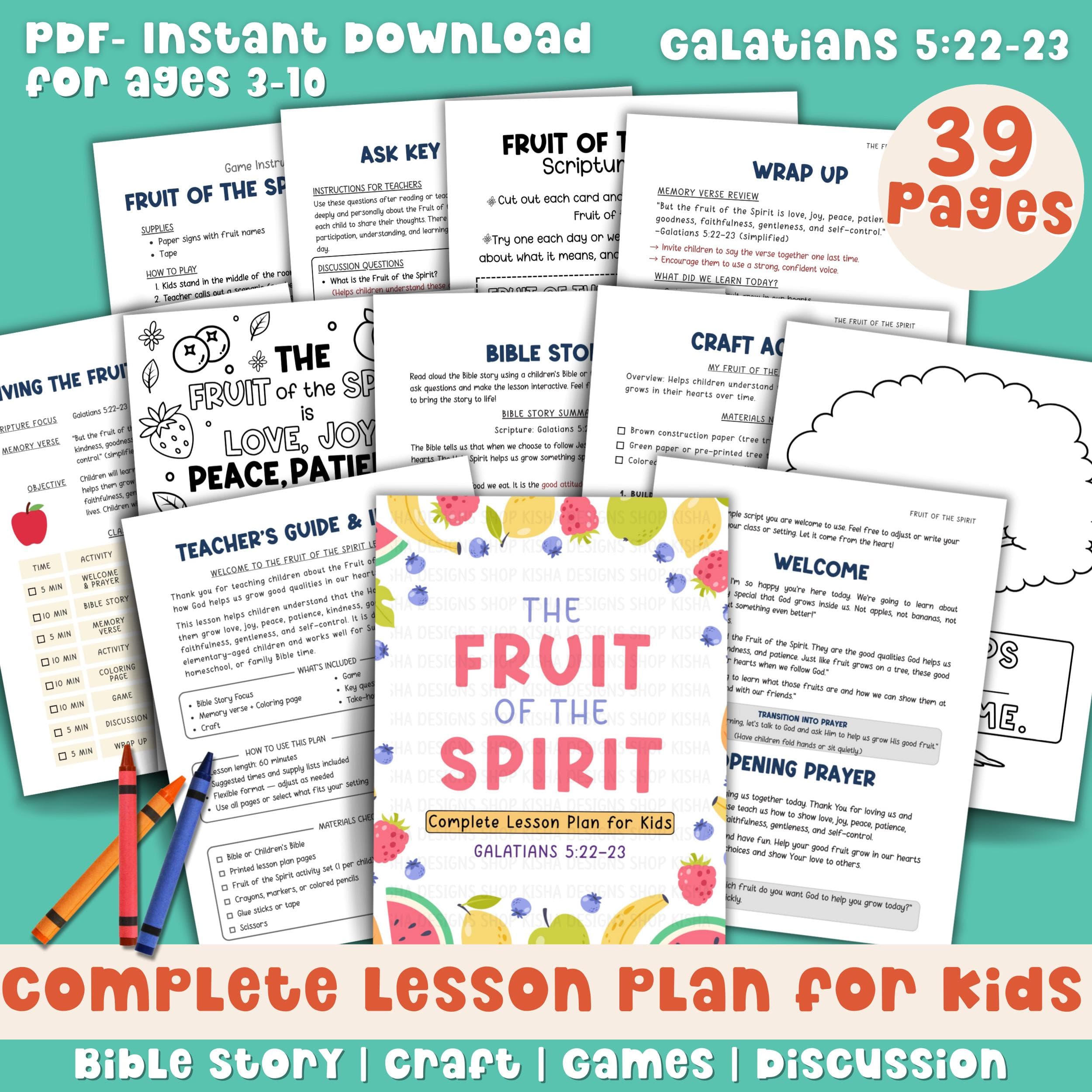 Fruit of the Spirit Bible Lesson for Kids Printable Christian Activity Scripture Coloring Craft Games Sunday School Quiet Time