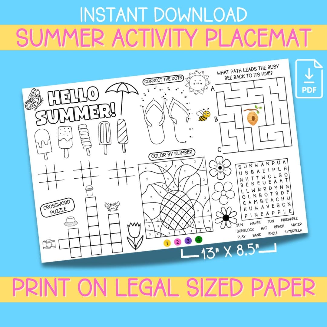 Summer Activity Placemat Coloring Page Printable Table Mat Quiet Activity Mat for Kitchen Placemat for Kid Activity Sheet Word Search Maze