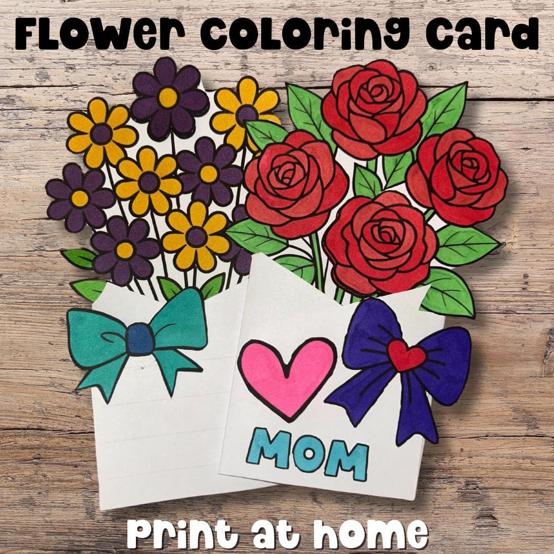 Flower Coloring Card Mom Birthday Flower Cutout Make Your Own Card Handmade Gift Kid Printable Card Kit Spring Flower Craft Easy Coloring