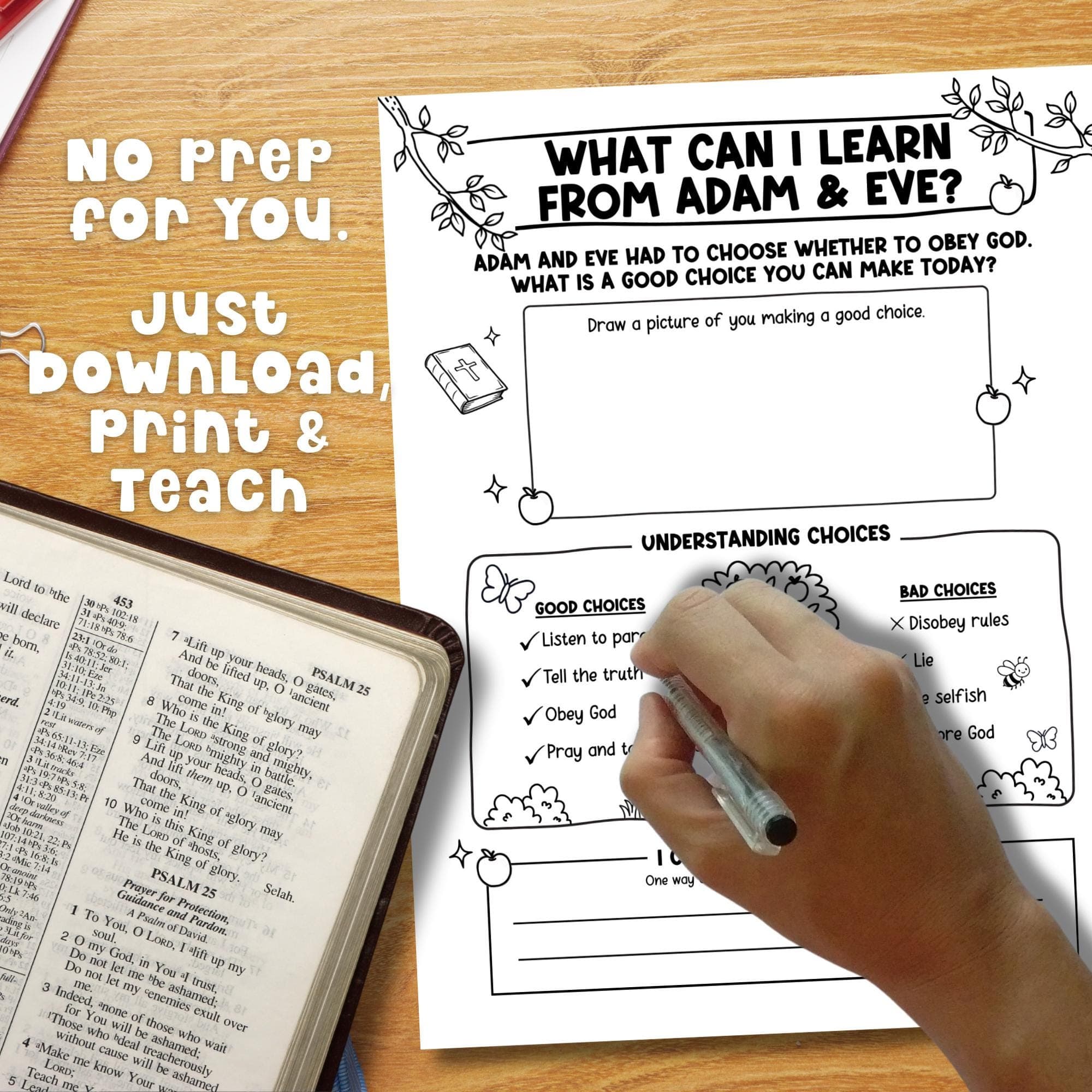 No prep Adam and Eve lesson printable, instant download Sunday School activity and homeschool Bible study kids worksheet for Bible teacher.