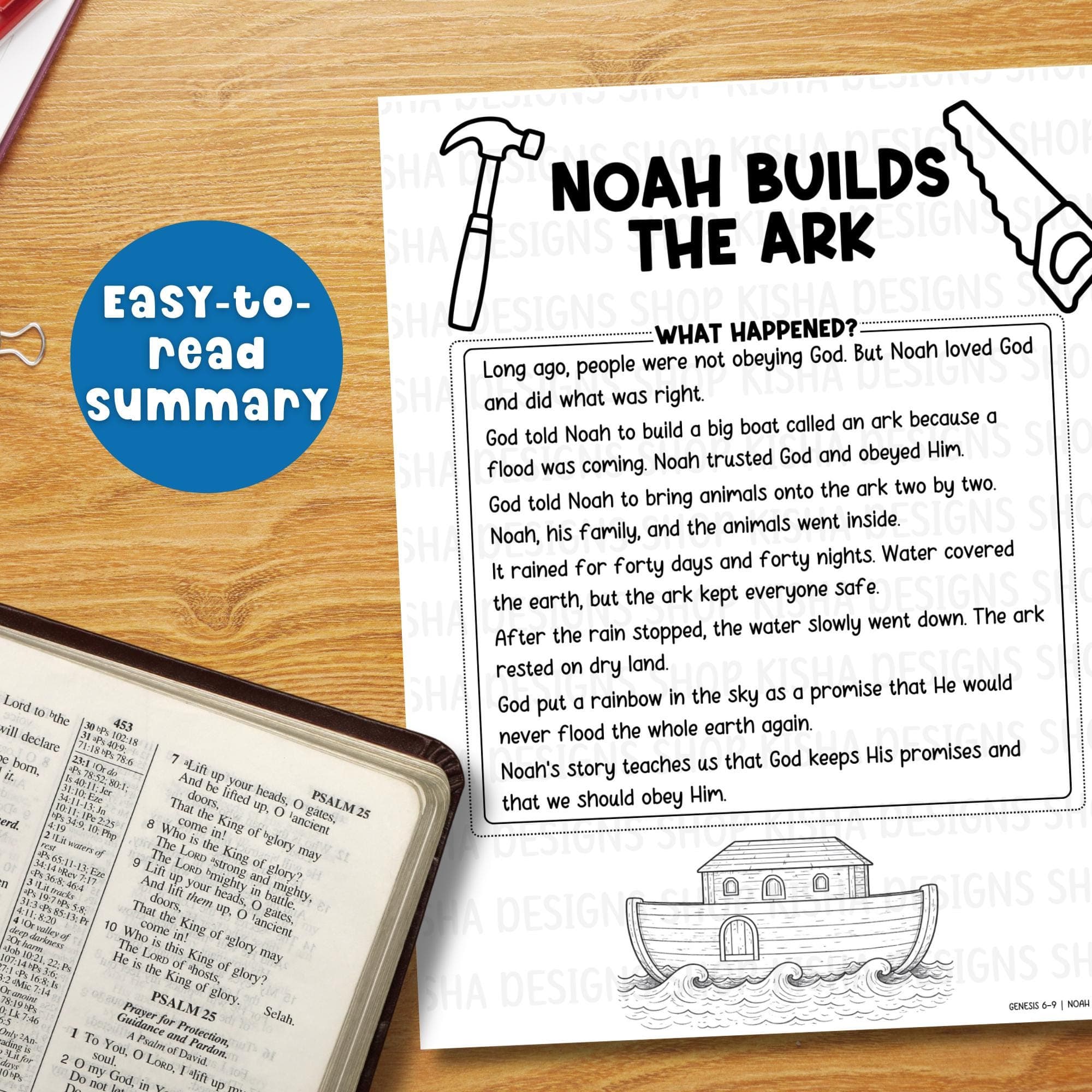 Noah builds the ark summary page printable, easy-to-read Bible story activity for kids, homeschool Bible study guide and Sunday school teaching resource.