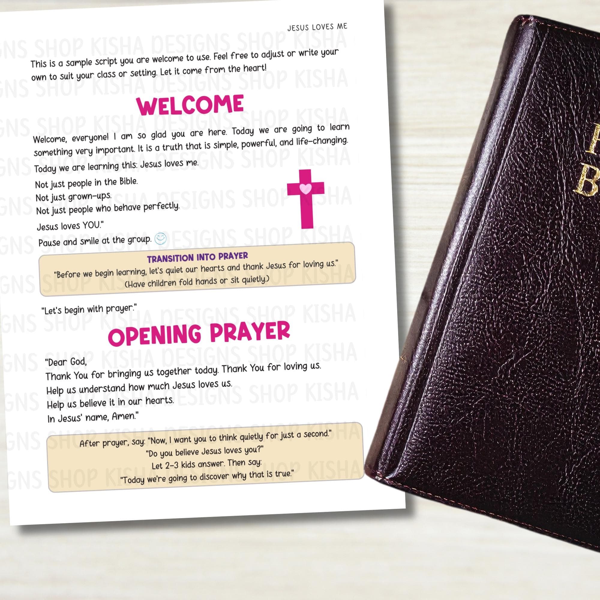 Jesus Loves Me printable Bible lesson plan script page for Sunday School teachers showing welcome opening prayer and transition into prayer homeschool children's ministry kids church activity PDF.