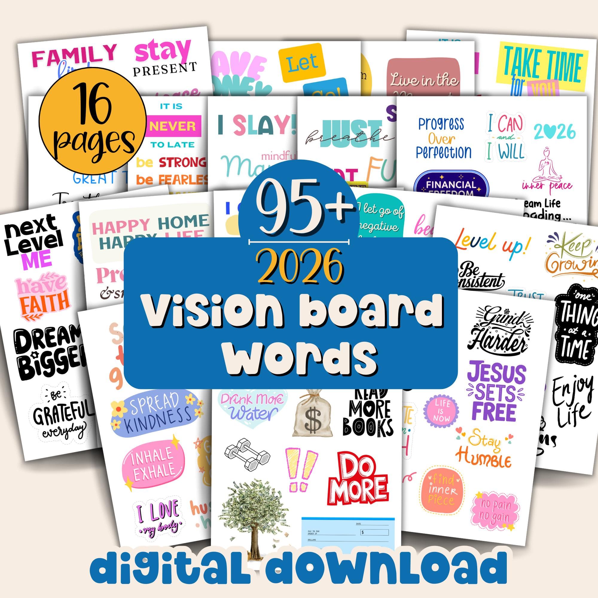 2026 Vision Board Printable Goal Planning New Year Activity Positive Quotes Motivational Words Law of Attraction Journaling Printable