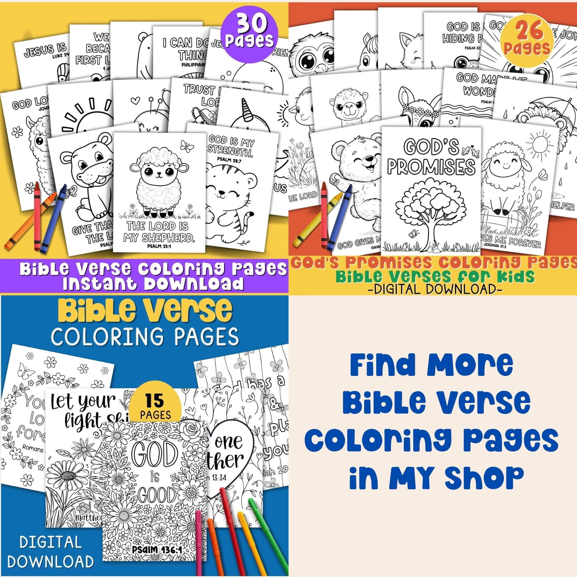 Shop promo image showing Bible verse coloring pages for kids digital download bundles and more Christian coloring printables in Etsy shop.