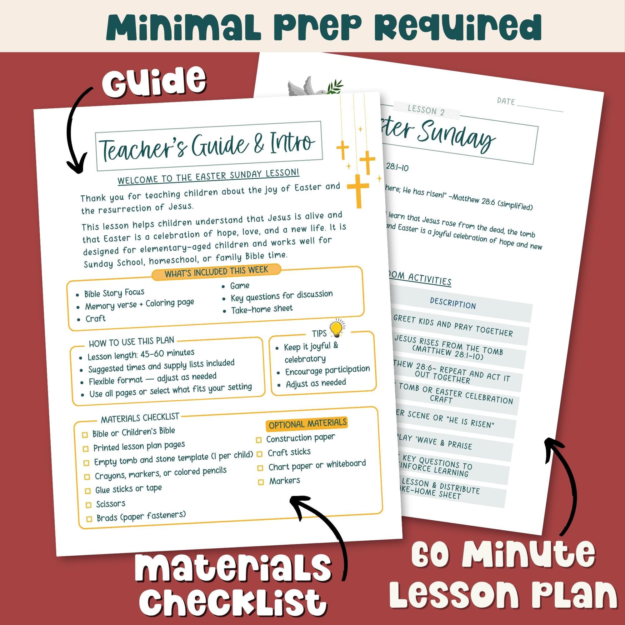 Easter Christian Bible lesson plan printable with materials checklist, kids ministry Bible teacher resource.