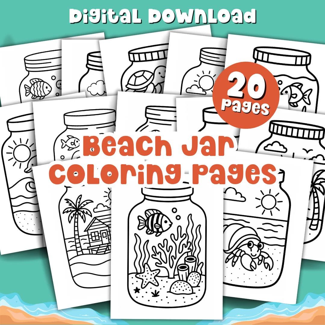 Beach Jar Coloring Pages Printable for Kids Bold Easy Summer Coloring Activity Quiet Time Boredom Buster Summer Camp Idea