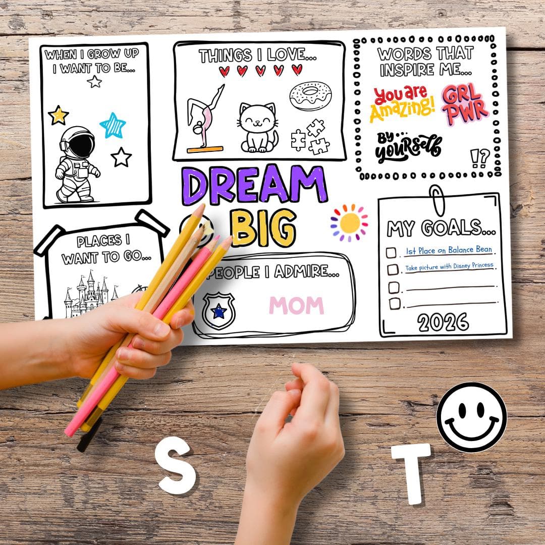 Kids Vision Board 2026 printable activity page being colored with pencils showing Dream Big design, goal setting template with affirmations and goal planning ideas for children. Fun New Year activity for kids vision board craft focused on inspiration, creativity, and positive thinking.