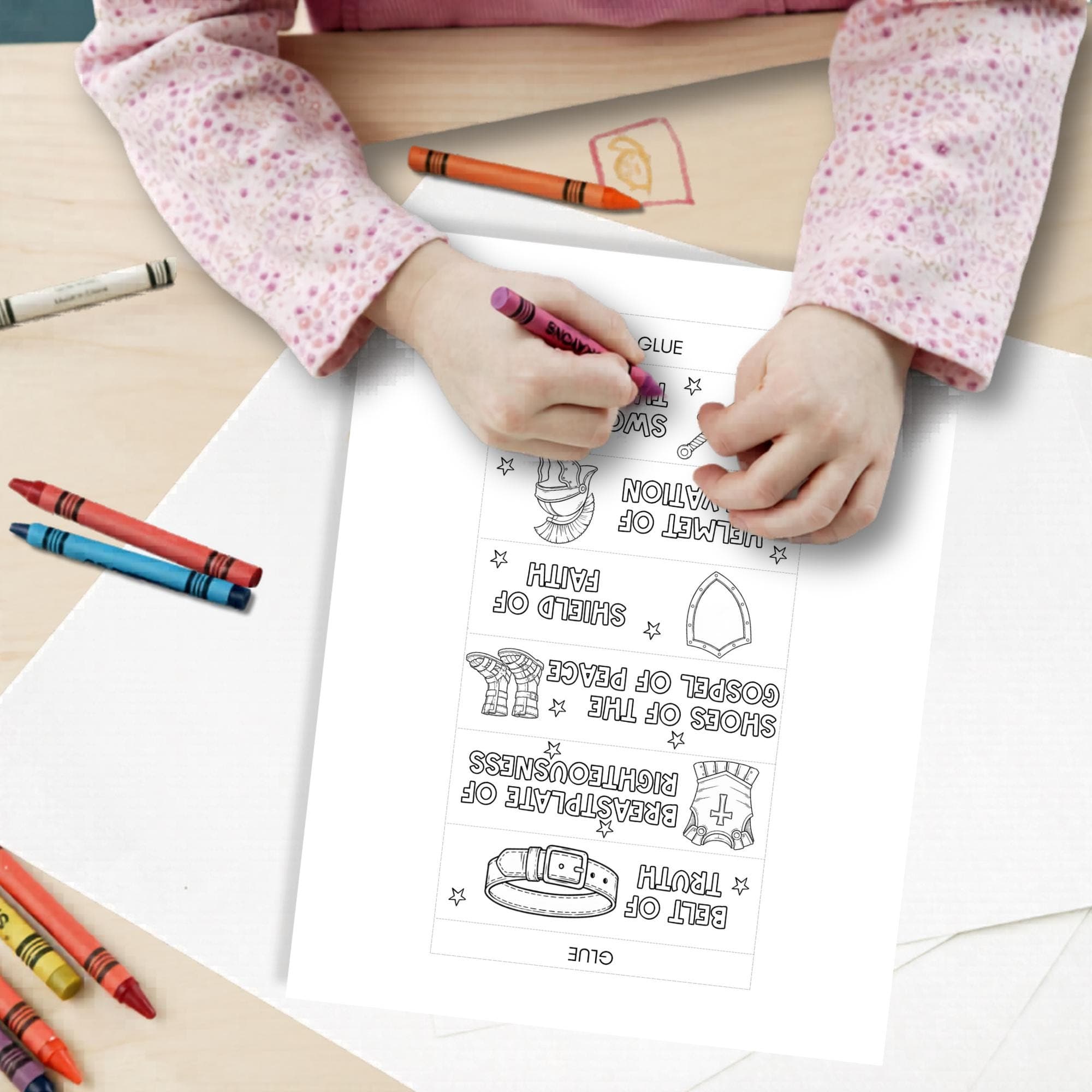 Armor of God coloring page kids printable Bible craft activity Sunday school homeschool Christian coloring worksheet.