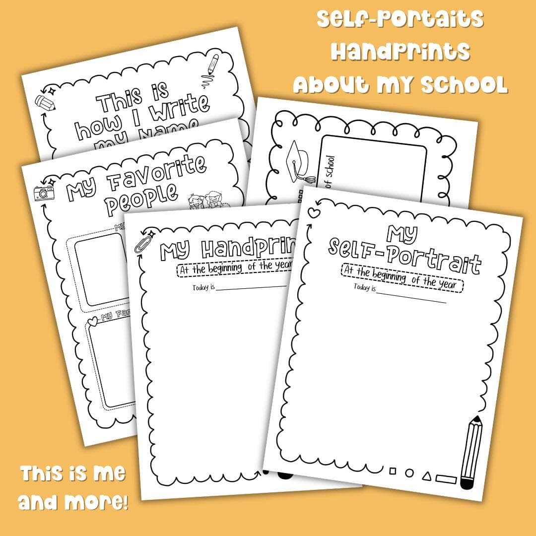 School memory book printable kids self portrait handprint about my school pages end of year activity watch me grow keepsake.