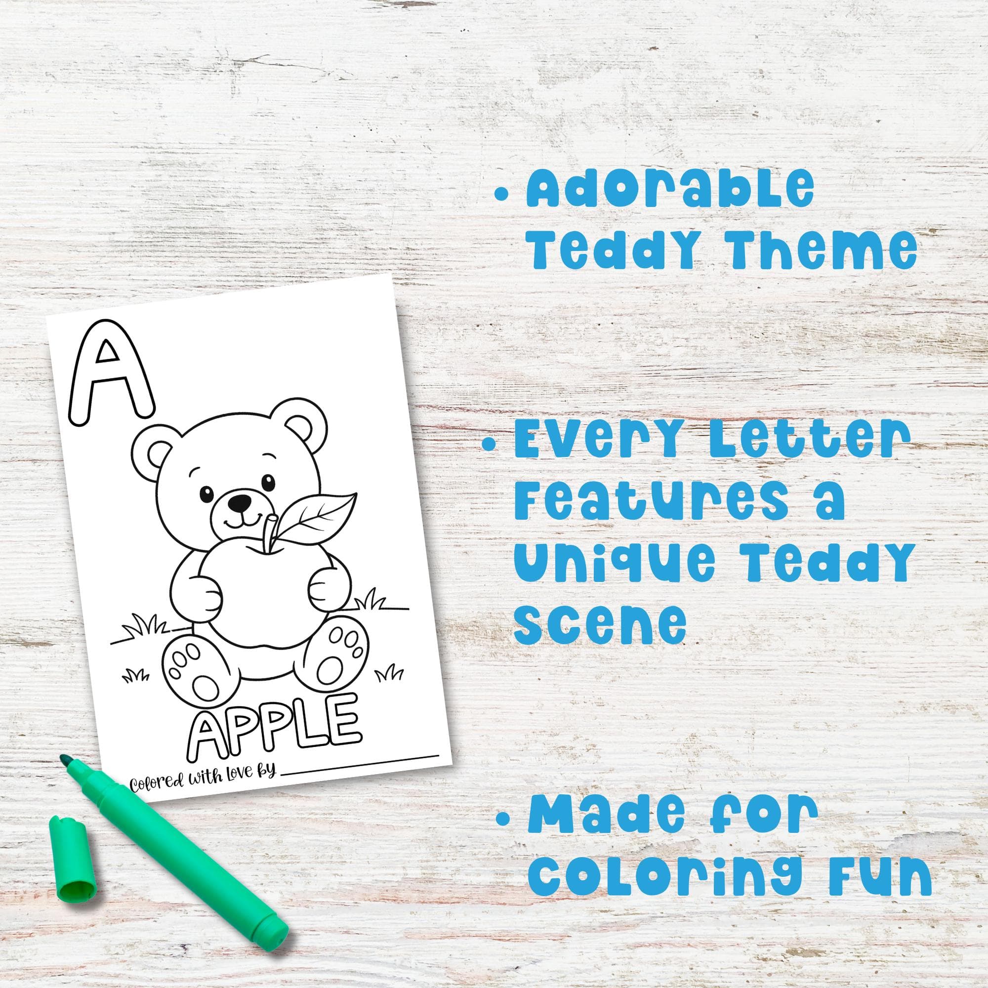 A page from the abc book baby shower coloring activity. Showing a teddy bear holding an apple for the letter A.