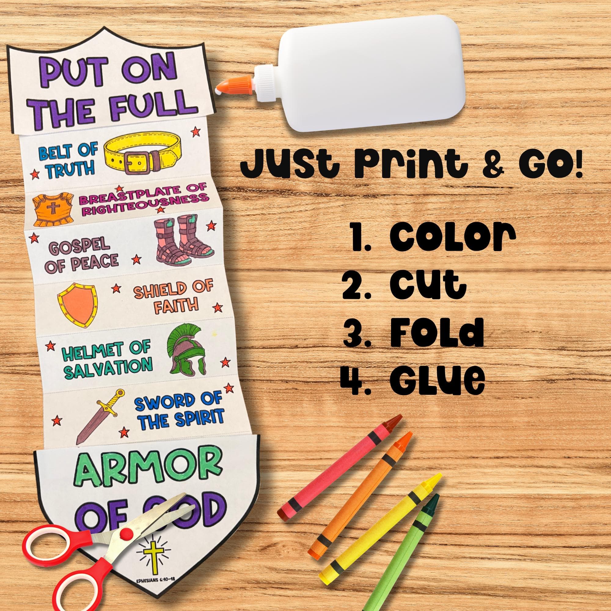 Printable Bible craft kids Armor of God easy print and go activity color cut fold glue Sunday school classroom homeschool.