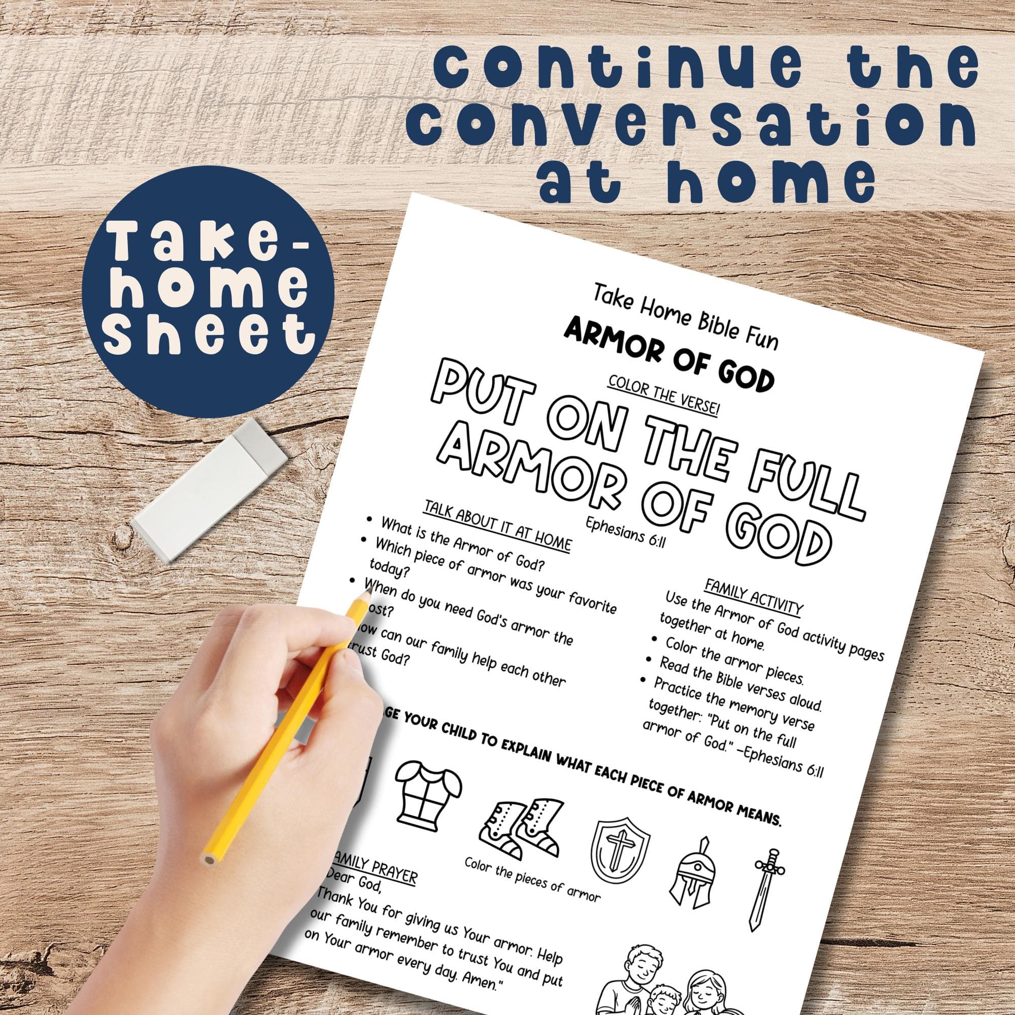 Armor of God take-home activity sheet for families, designed to continue Bible learning and faith conversations at home.