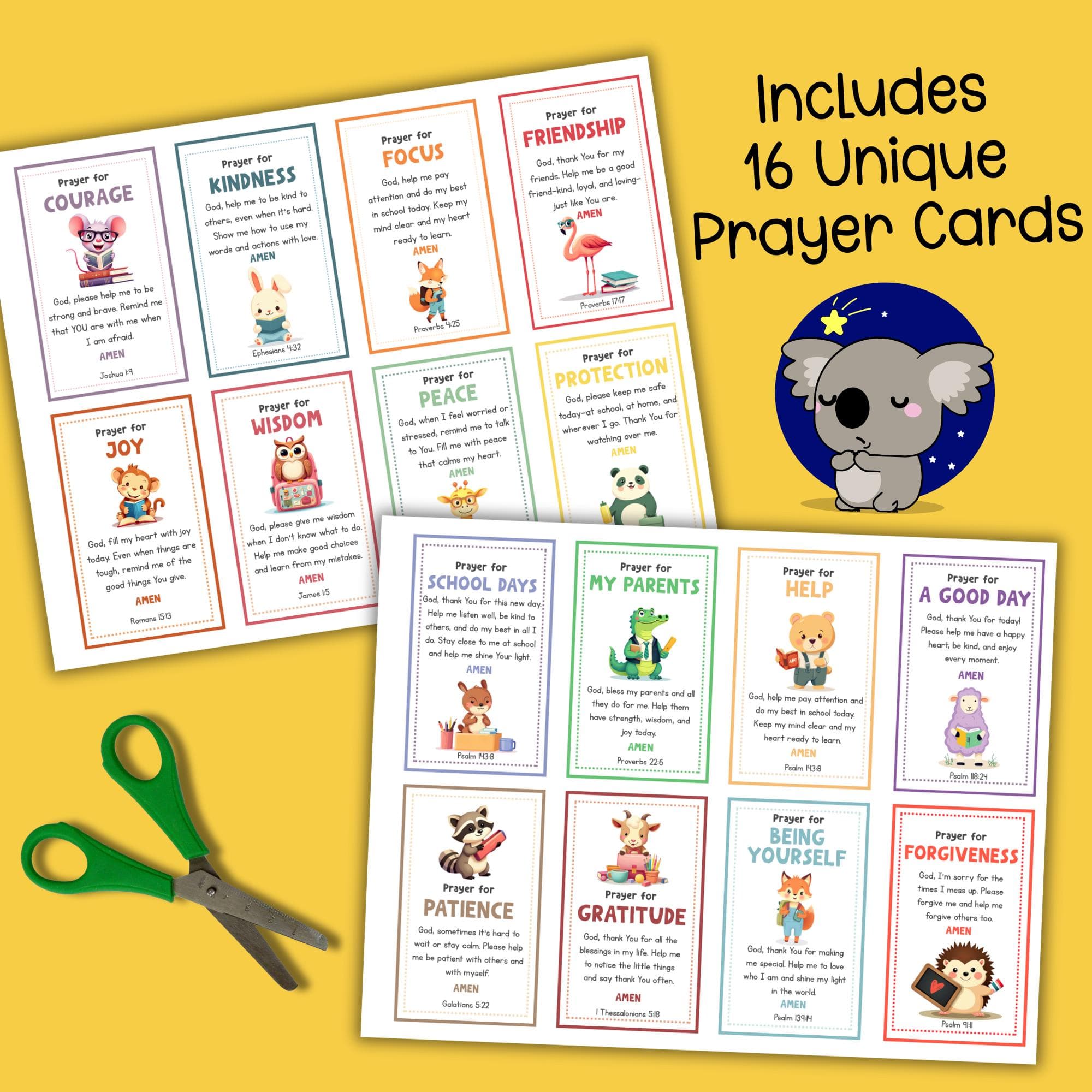 Printable daily prayer cards for kids with Bible verses—perfect for school mornings, Bible study kids, or Christian lunchbox notes. Includes 16 kid devotional cards ready to cut and use.