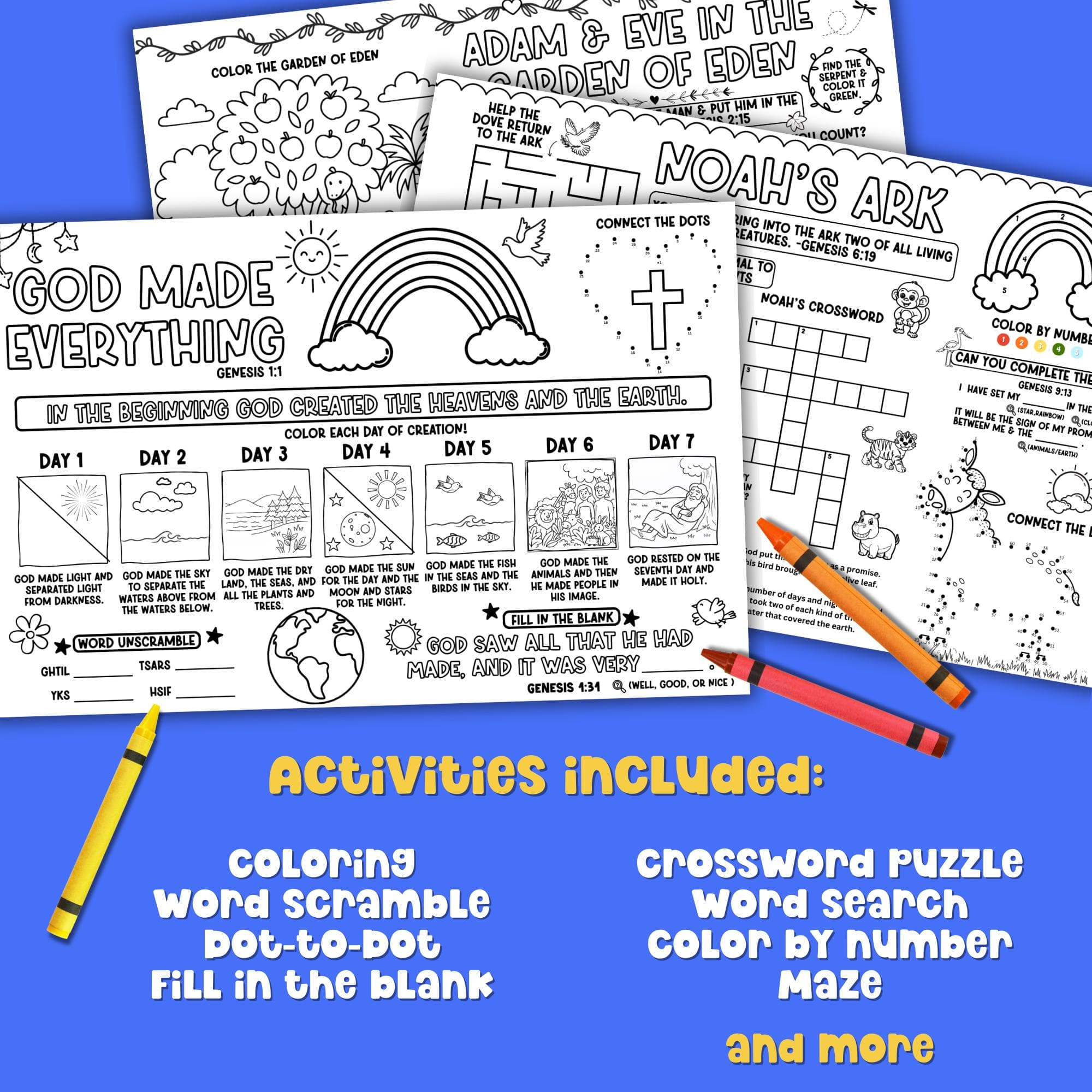 Christian Bible stories activity sheets with coloring activity sheet, dot to dot, fill in the blank, and word scramble. Genesis Bible creation story printable for kids.