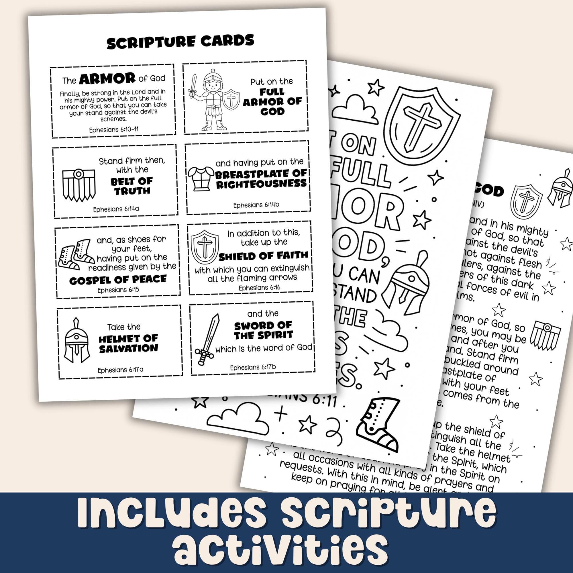 Armor of God Scripture cards for kids featuring Ephesians 6 verses, designed for Bible study, memorization, and discussion.