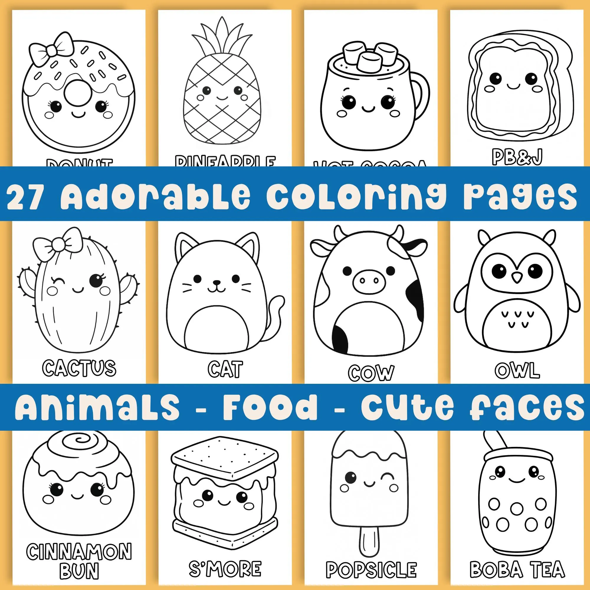Kawaii kids coloring page printable pack preview showing cute food and animal characters with positive sayings instant download PDF for homeschool art classroom quiet time screen free kids activity.