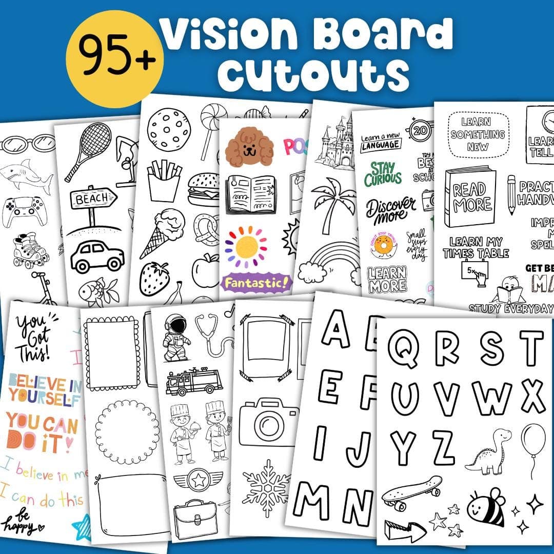 Kids Vision Board 2026 printable cutouts with over 95 pieces including doodle style drawings letters and goal setting icons for vision board activities. Fun New Year goal planning and affirmation craft for children featuring kid affirmations pictures and templates to color and cut for creative goal setting.