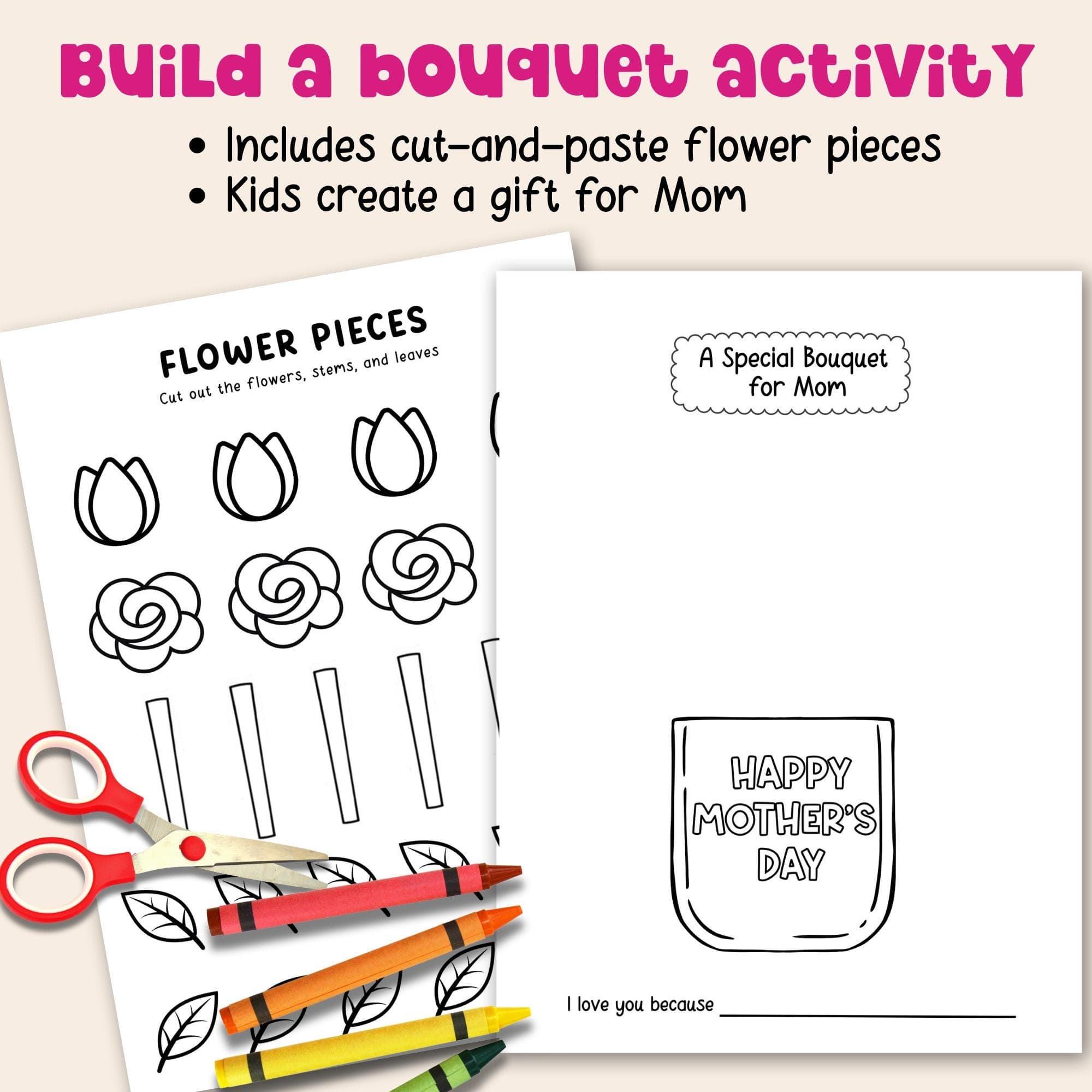 Build a flower printable coloring craft flower pieces page bouquet card for mom easy cut and paste flower coloring sheet kids activity