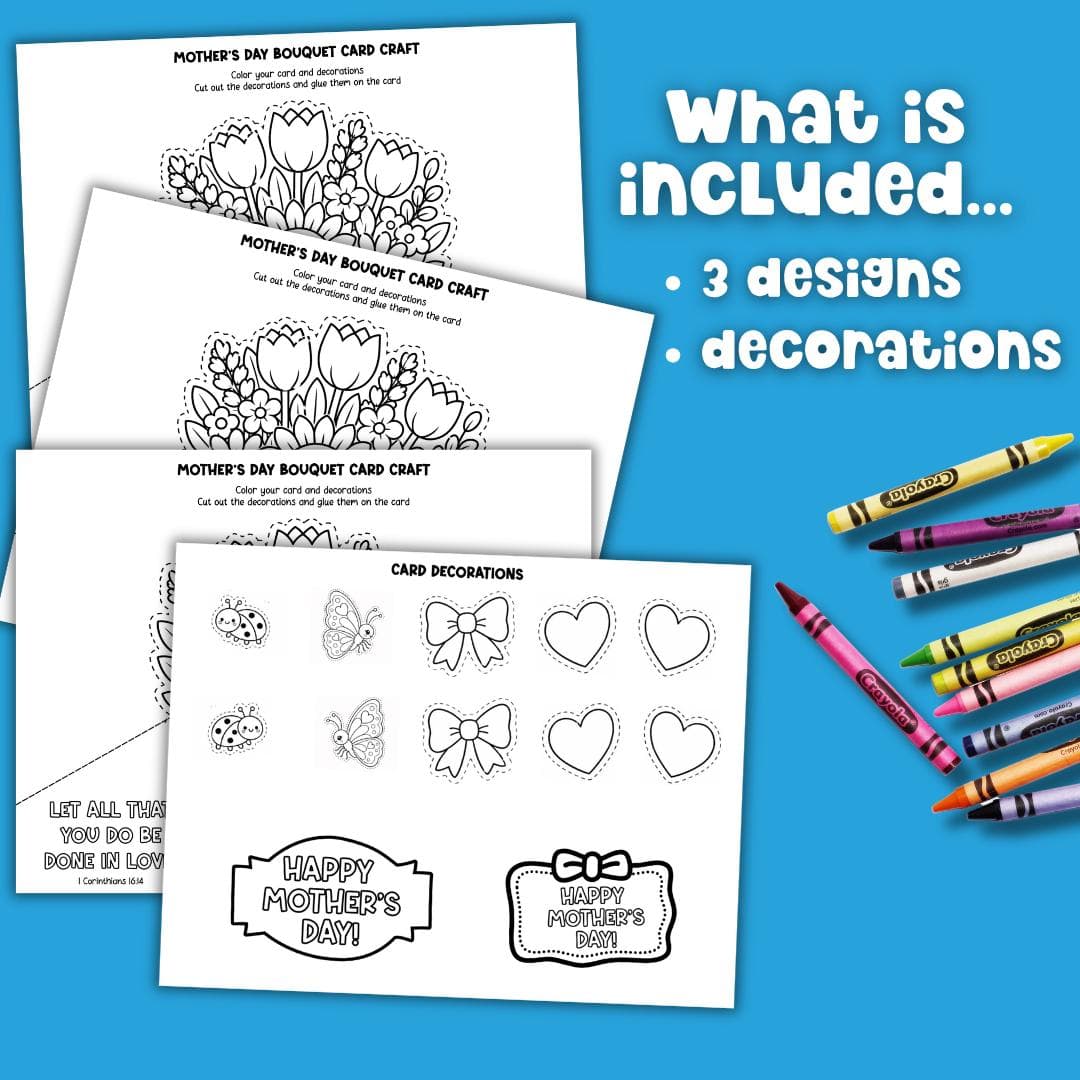 Mother’s Day printable card craft bundle with 3 bouquet designs and decorations, kids coloring activity, cut and paste mom gift printable.