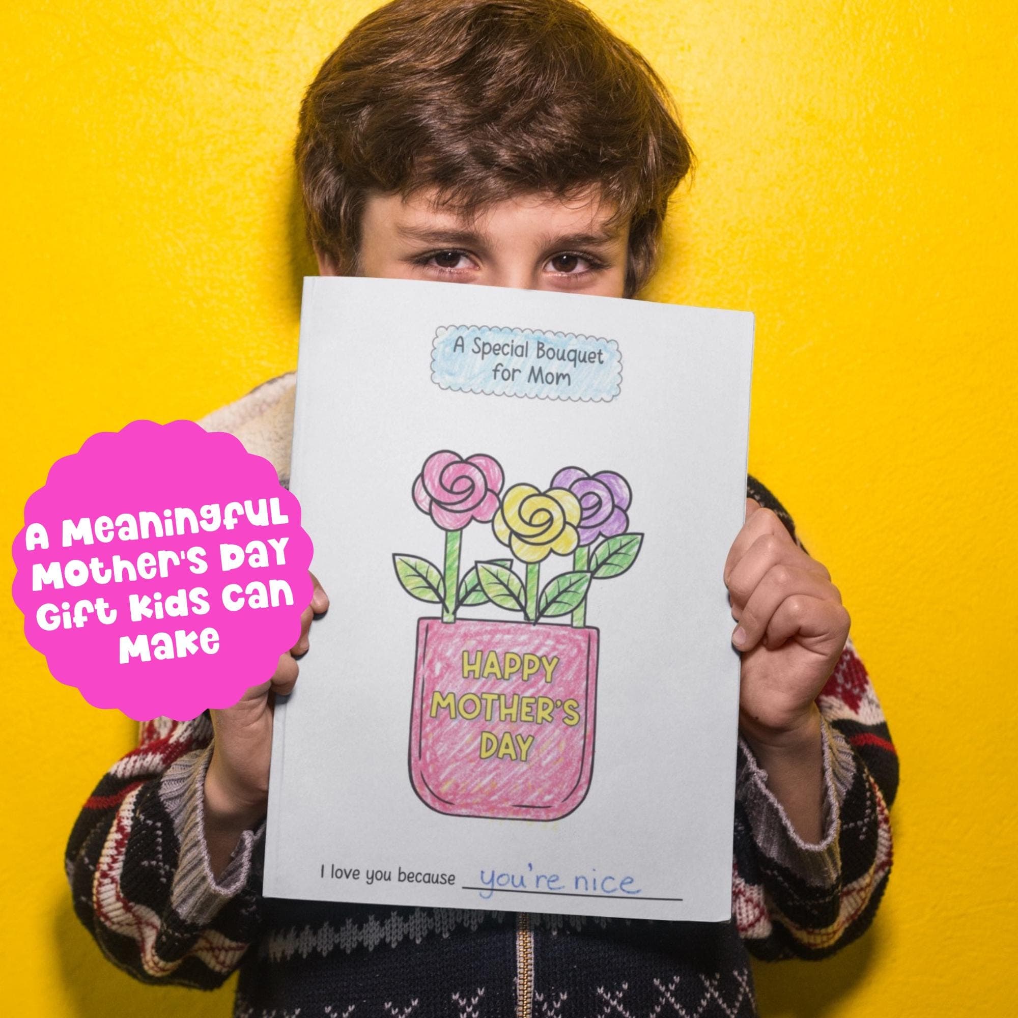 Child holding completed Mother’s Day bouquet craft printable as a meaningful handmade gift kids can make for Mom.