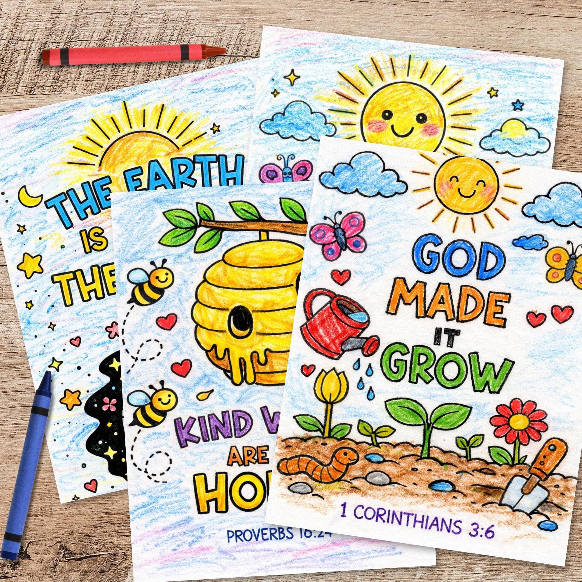 Kids Bible coloring pages colored with crayons featuring gospel coloring and faith based scripture art for Bible lesson kids.