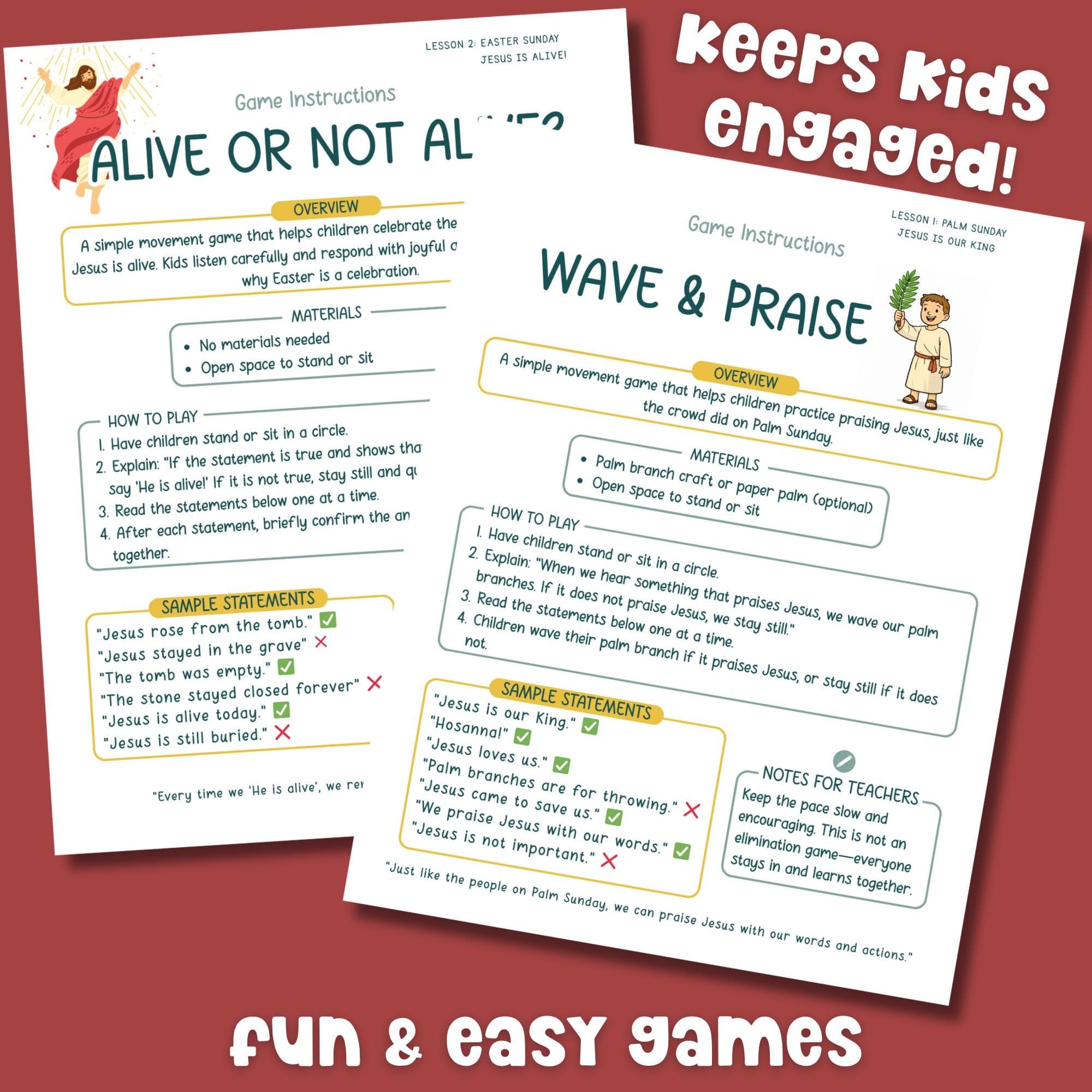 Christian Bible lesson games for kids featuring Palm Sunday and Easter Sunday movement activities printable for Sunday school kids ministry and Bible teaching.