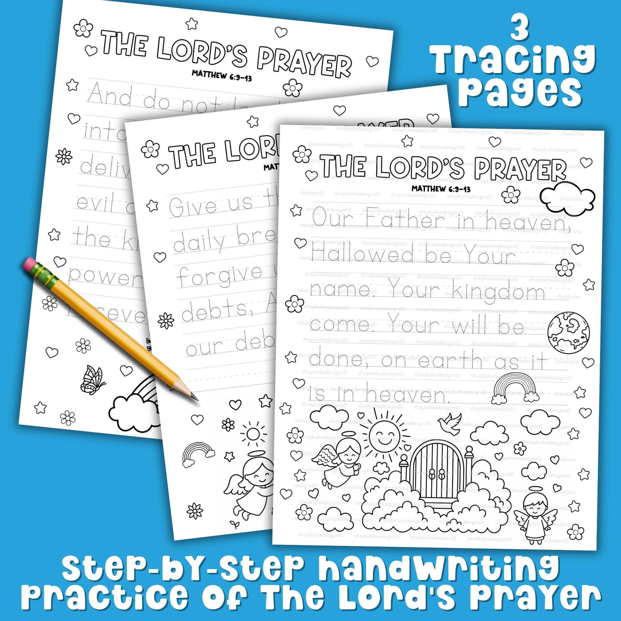 Three step-by-step Lord’s Prayer tracing worksheets for kids with pencil. Christian handwriting practice pages to learn the Lord’s Prayer.