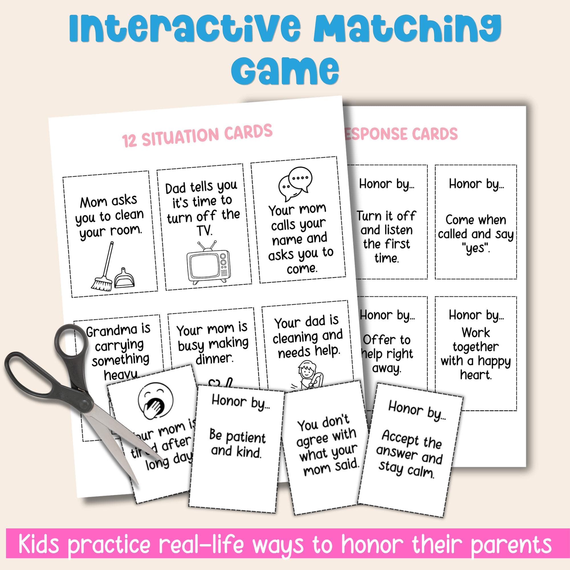 Honor your mother matching game printable kids Bible lesson activity teaching respect and obedience through real life situations.