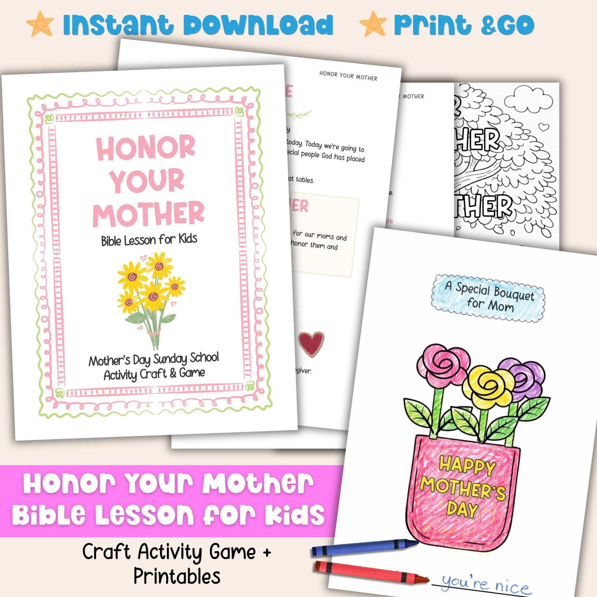 Mother’s Day Bible Lesson for Kids Craft Activity Printable Flower Bouquet Sunday School Homeschool Scripture Memory Christian Craft