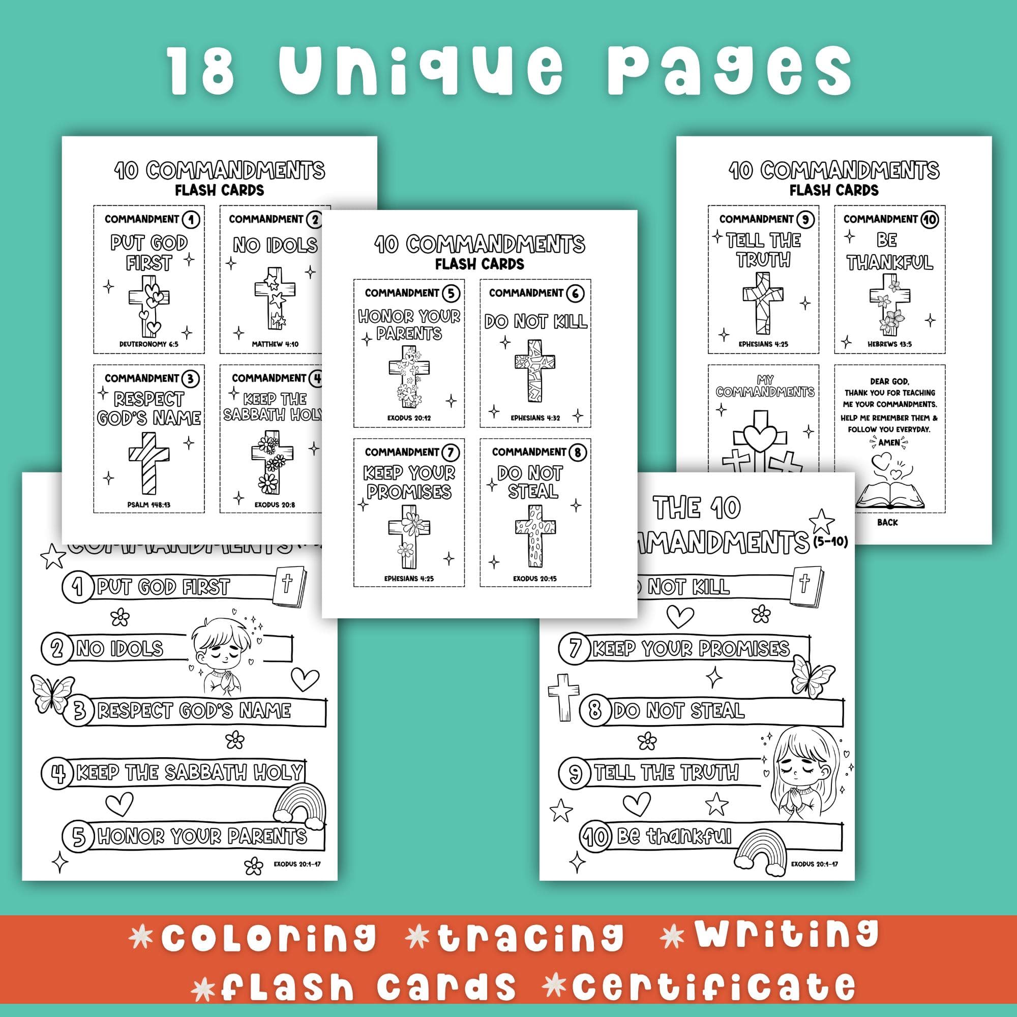 Creative Ten Commandments Christian activity coloring sheets perfect for kids ministry.